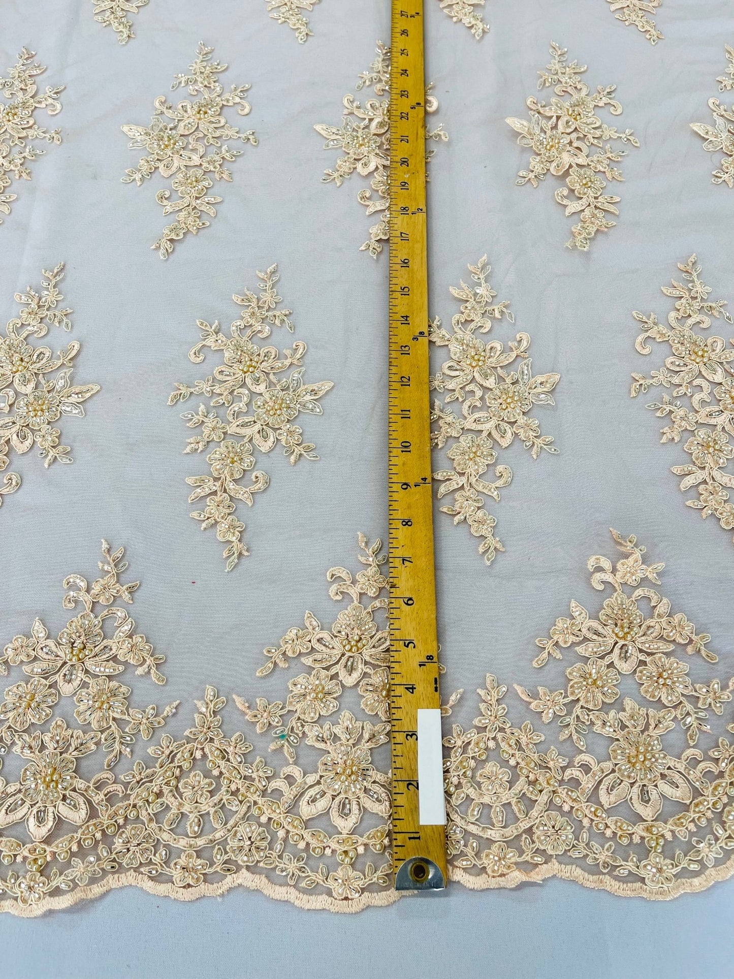 FLORAL DAMASK BEADED LACE ON MESH FABRIC (By The Yard) - New Creations Fabric & Foam Inc