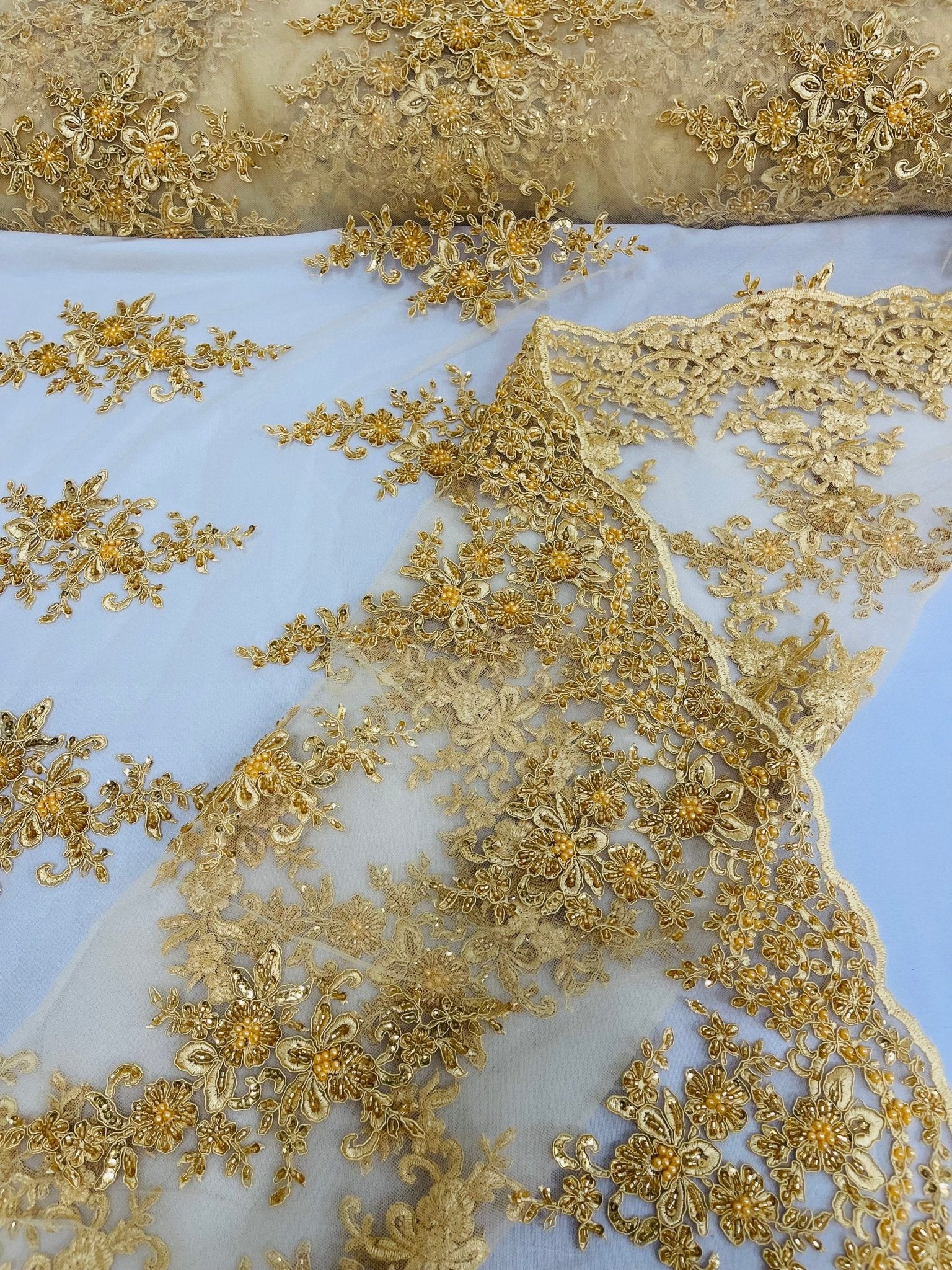 FLORAL DAMASK BEADED LACE ON MESH FABRIC (By The Yard) - New Creations Fabric & Foam Inc