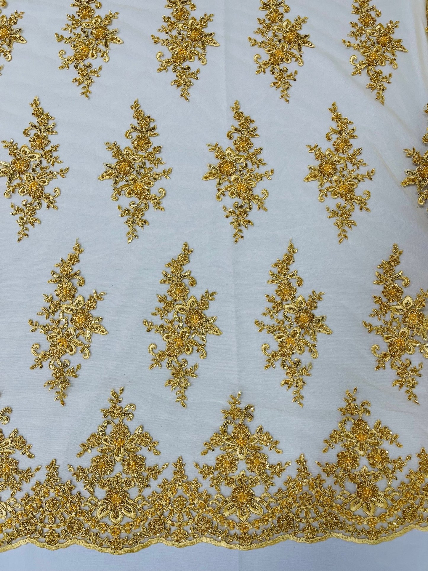 FLORAL DAMASK BEADED LACE ON MESH FABRIC (By The Yard) - New Creations Fabric & Foam Inc
