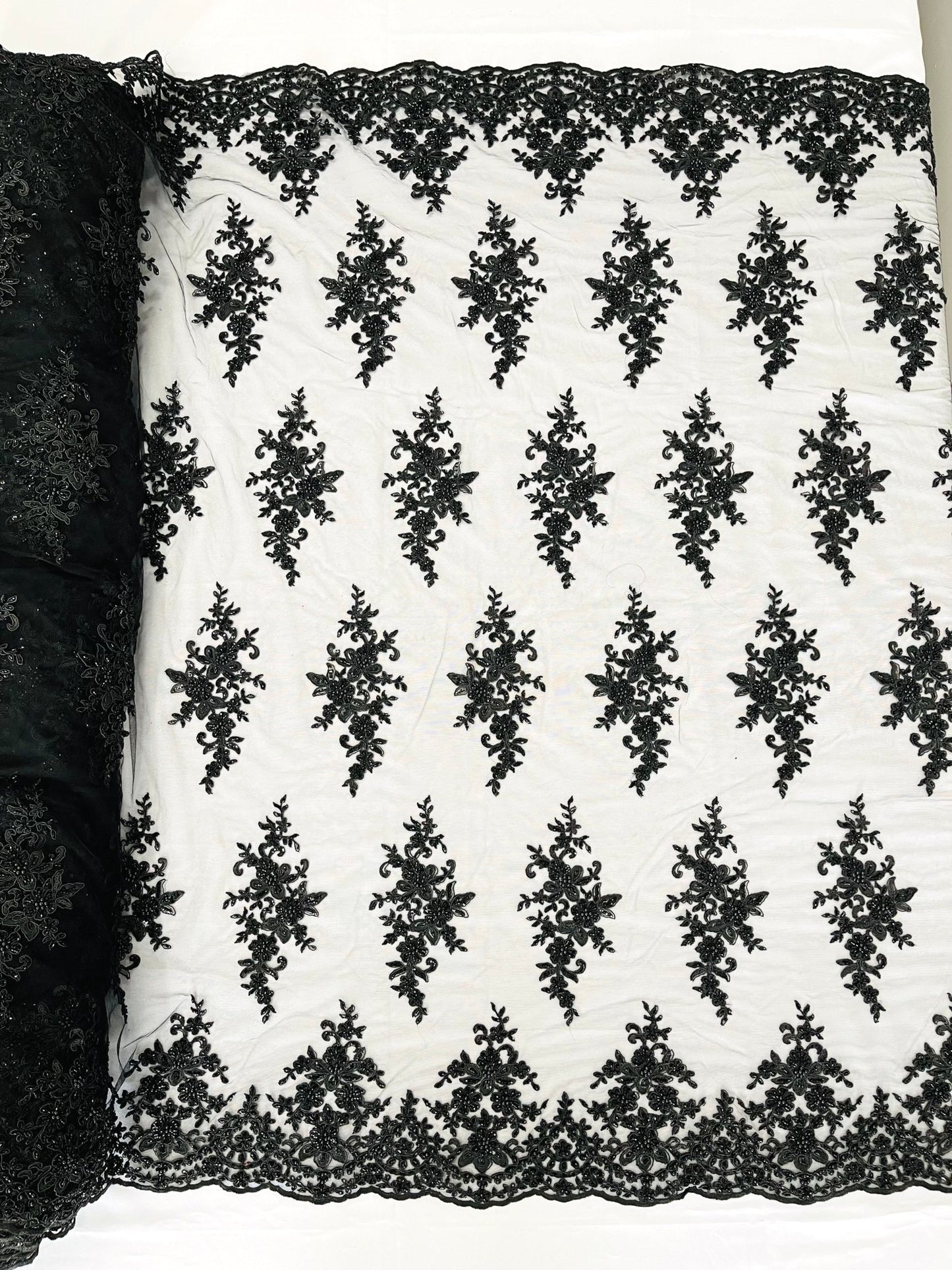 FLORAL DAMASK BEADED LACE ON MESH FABRIC (By The Yard) - New Creations Fabric & Foam Inc