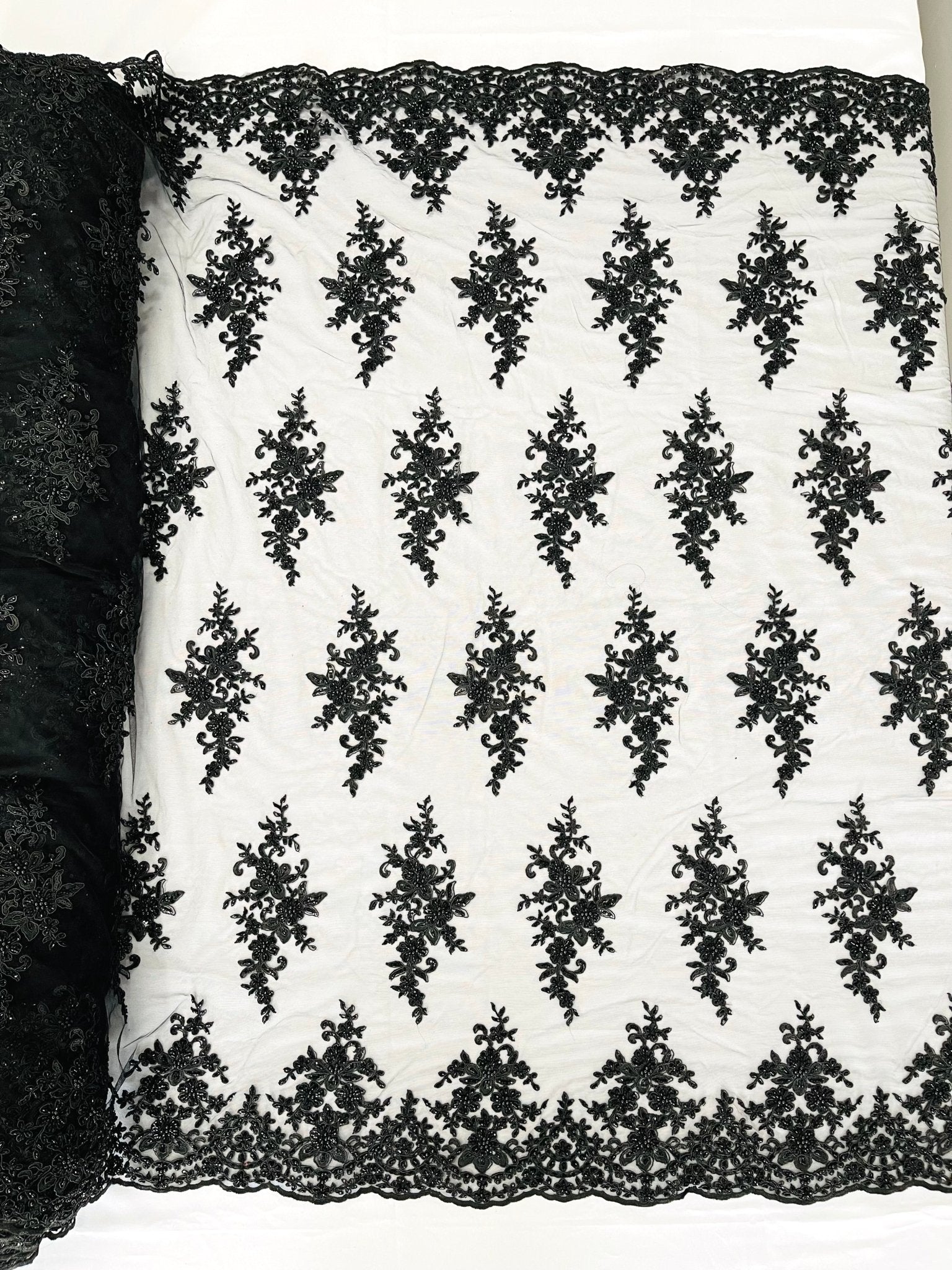 FLORAL DAMASK BEADED LACE ON MESH FABRIC (By The Yard) - New Creations Fabric & Foam Inc