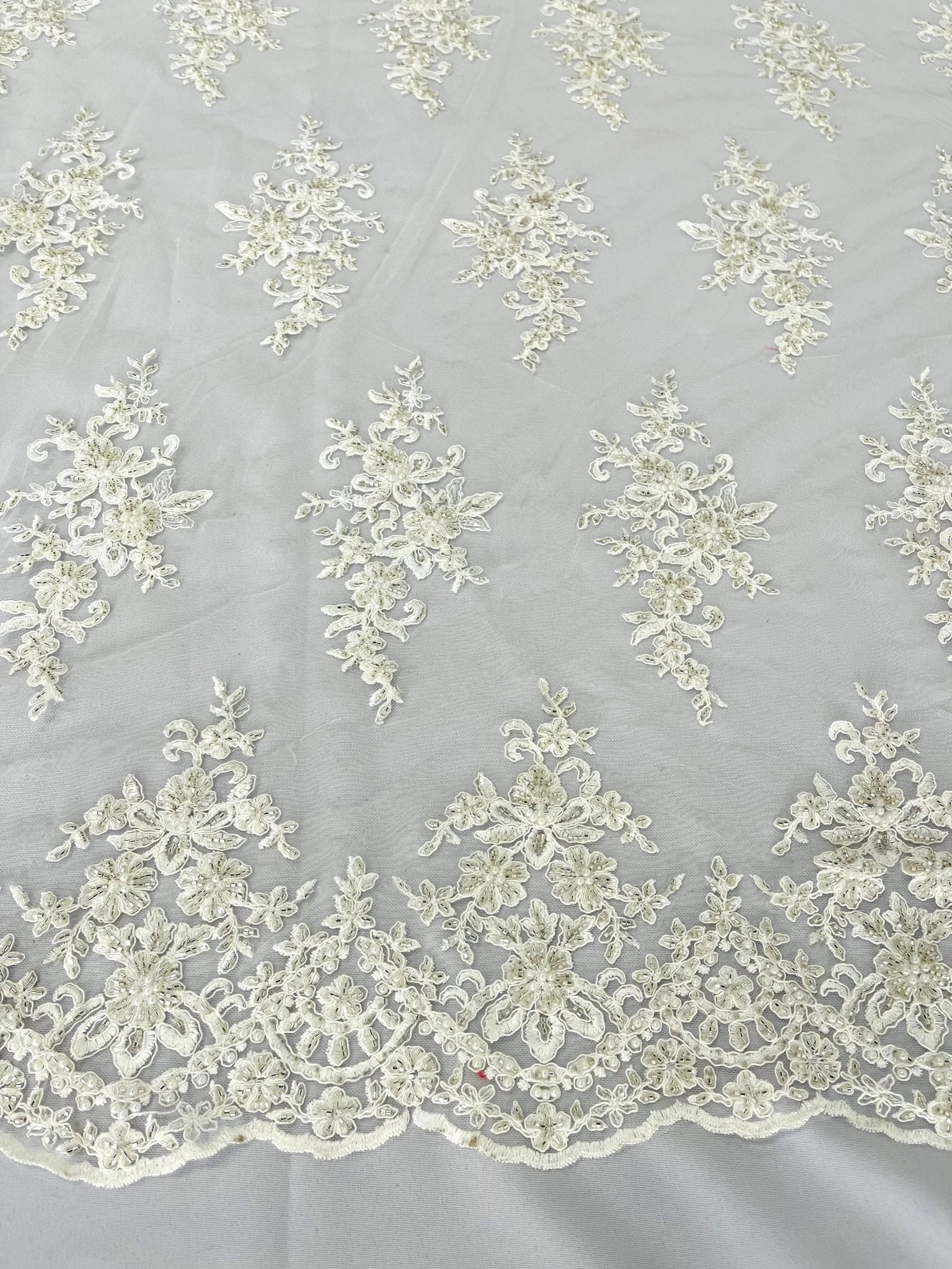 FLORAL DAMASK BEADED LACE ON MESH FABRIC (By The Yard) - New Creations Fabric & Foam Inc