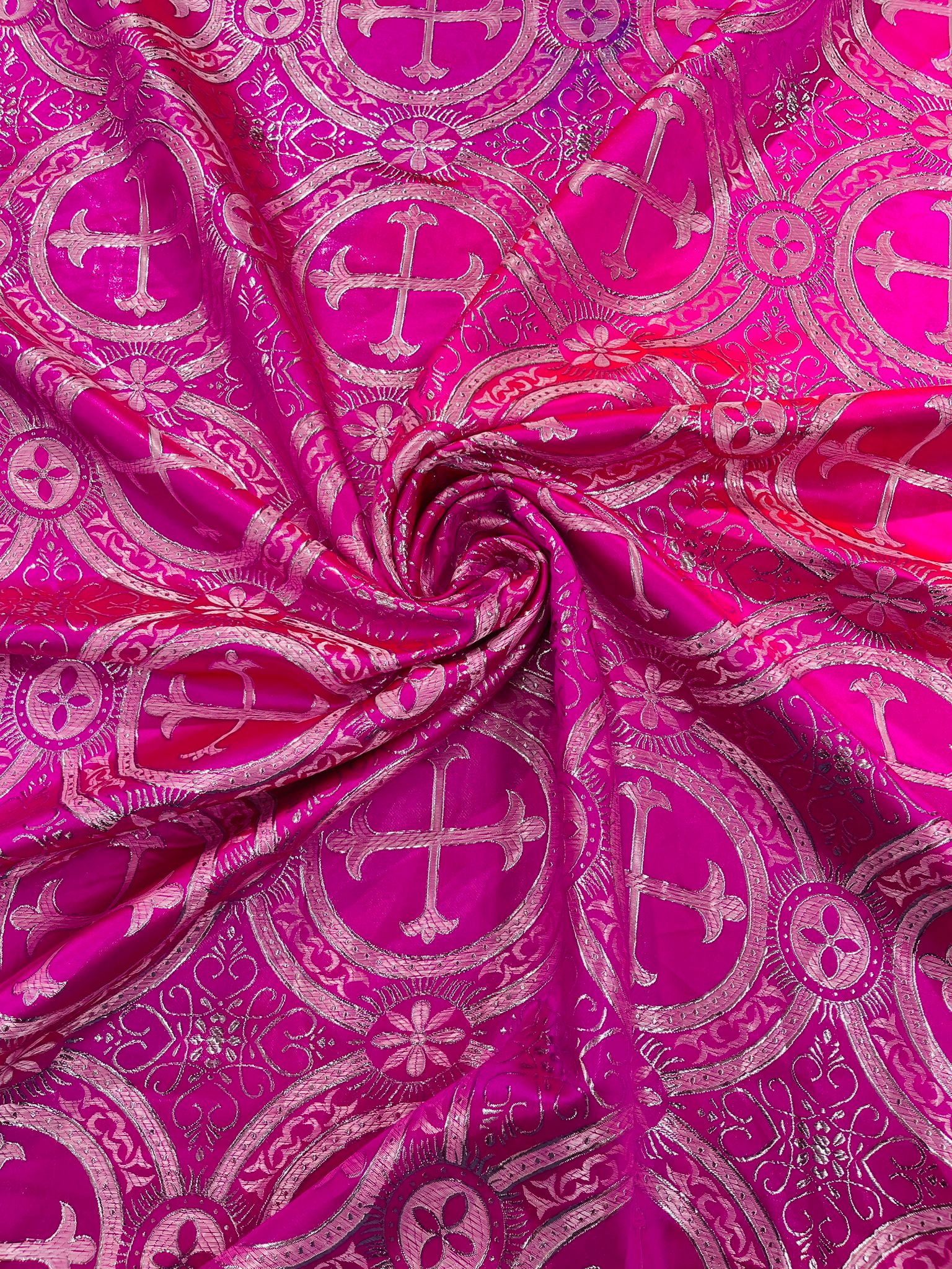 Fuchsia/Silver - Rectangular Metallic Cross Brocade Jacquard Satin Tablecloth Overlay/Religious Brocade/Liturgical Fabric/Church. - New Creations Fabric & Foam Inc