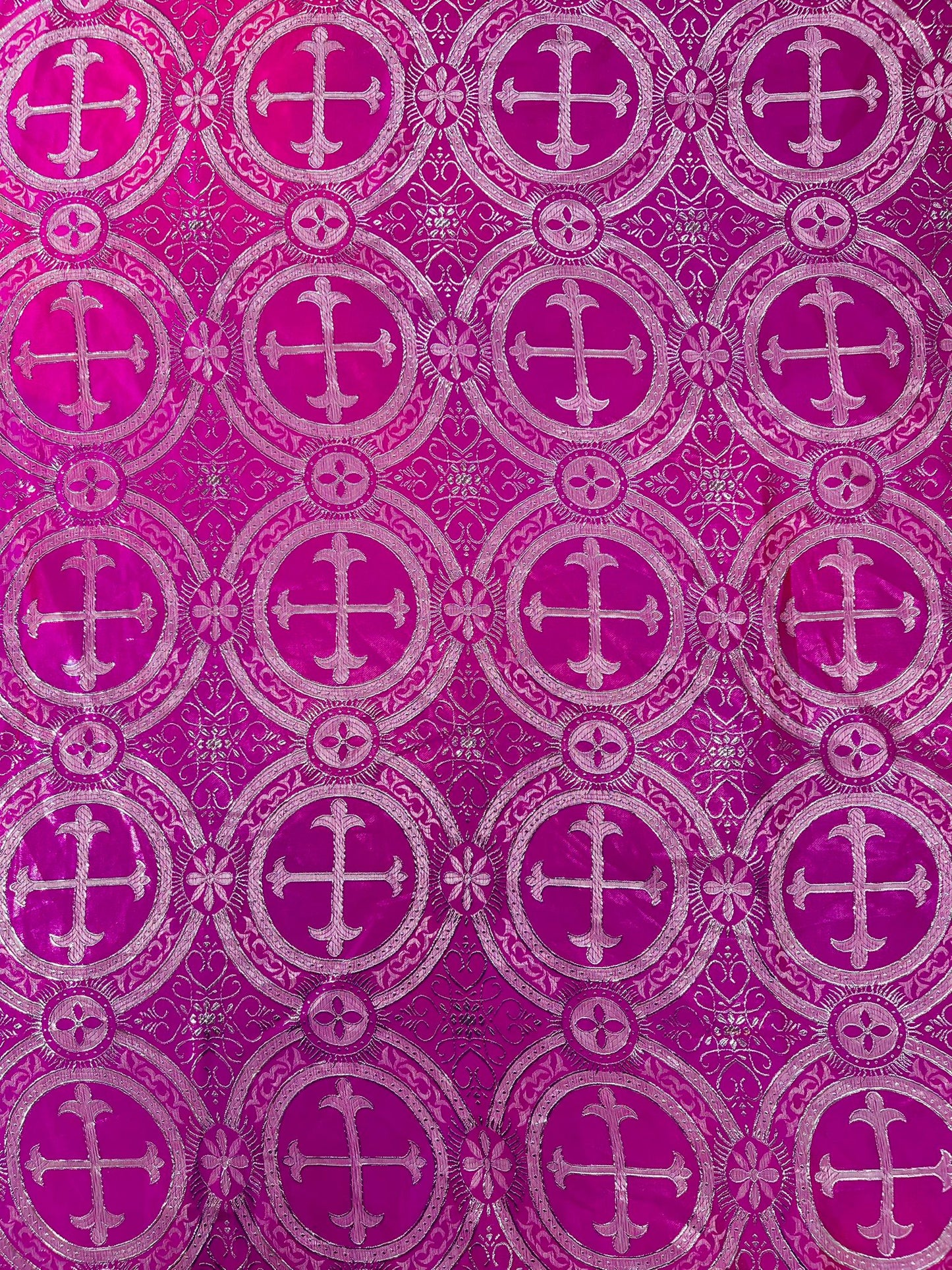 Fuchsia/Silver - Rectangular Metallic Cross Brocade Jacquard Satin Tablecloth Overlay/Religious Brocade/Liturgical Fabric/Church. - New Creations Fabric & Foam Inc
