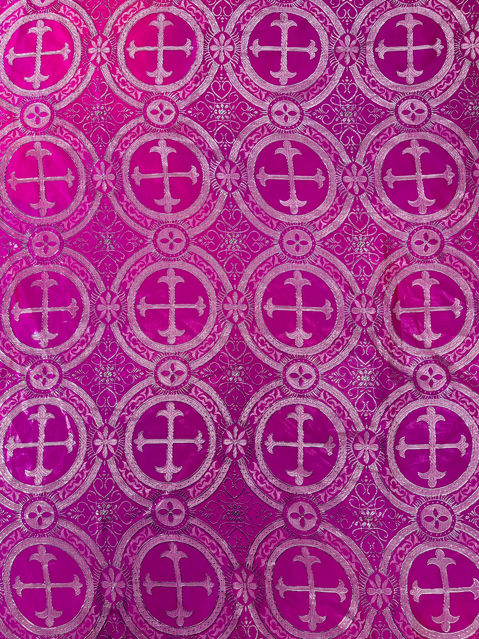 Fuchsia/Silver - Rectangular Metallic Cross Brocade Jacquard Satin Tablecloth Overlay/Religious Brocade/Liturgical Fabric/Church. - New Creations Fabric & Foam Inc
