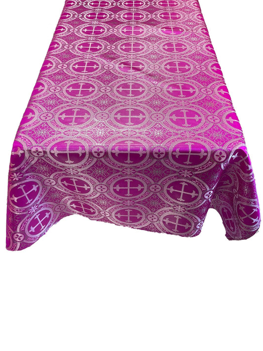 Fuchsia/Silver - Rectangular Metallic Cross Brocade Jacquard Satin Tablecloth Overlay/Religious Brocade/Liturgical Fabric/Church. - New Creations Fabric & Foam Inc