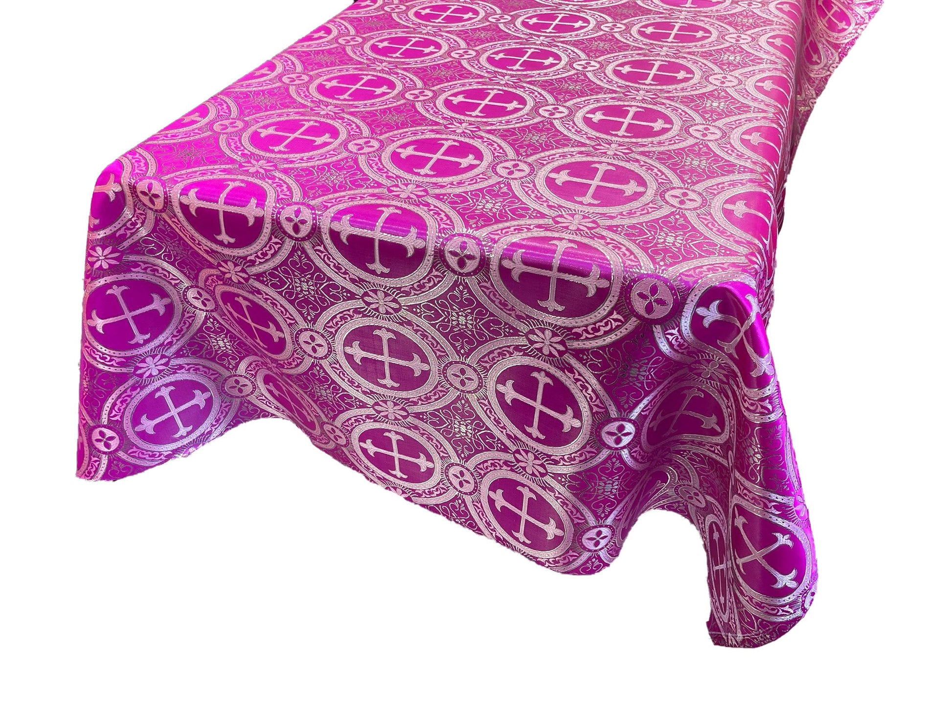 Fuchsia/Silver - SQUARE METALLIC CROSS JACQUARD SATIN - New Creations Fabric & Foam Inc