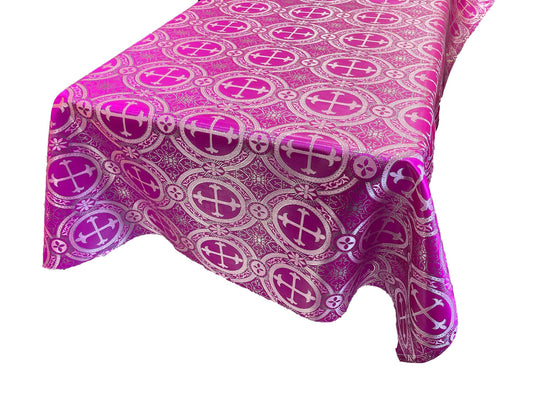 Fuchsia/Silver - SQUARE METALLIC CROSS JACQUARD SATIN - New Creations Fabric & Foam Inc
