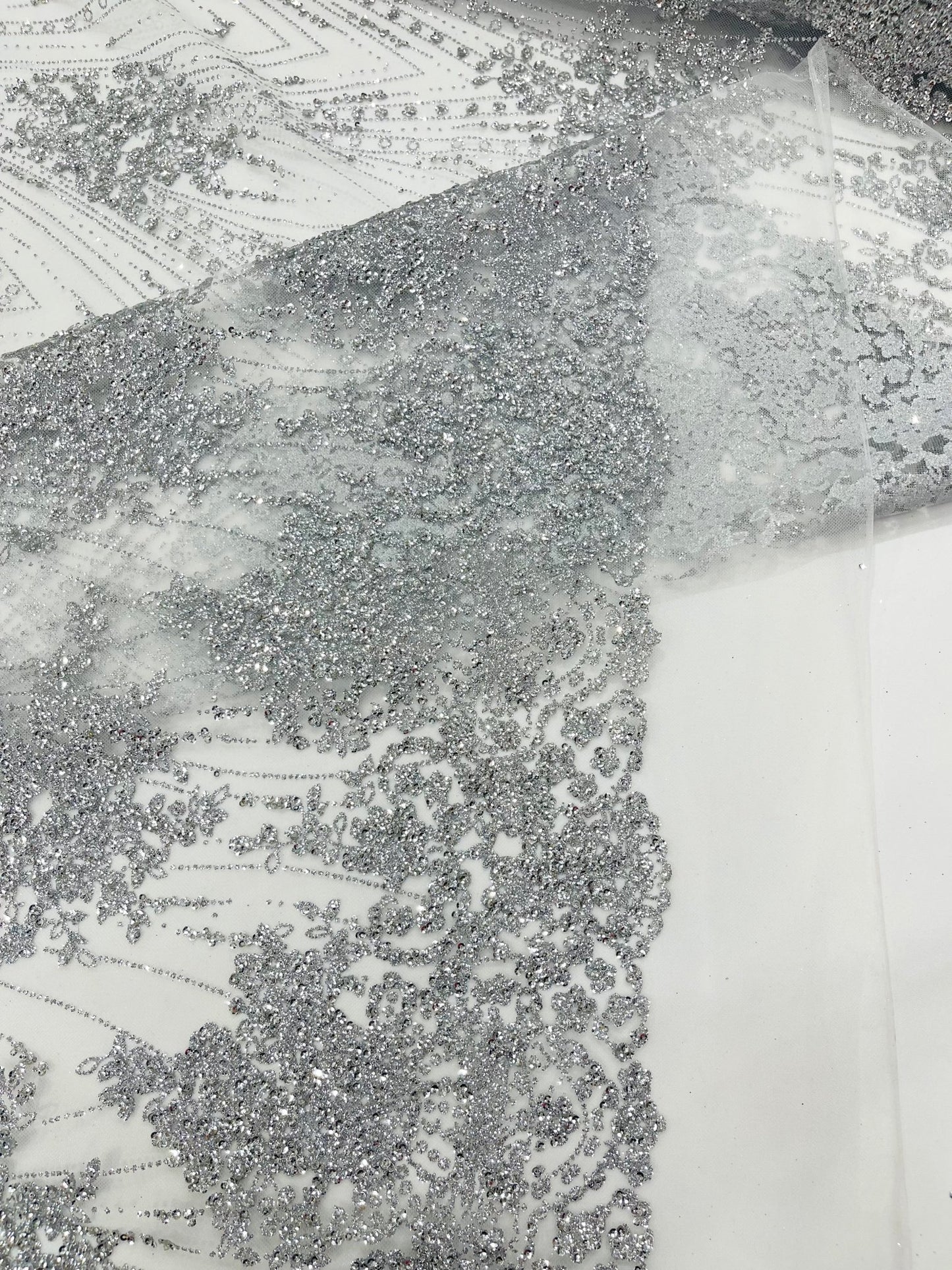 Geometric Damask Glitter Design On A Mesh Lace 54” Wide| New Creations Fabric & Foam Inc. - New Creations Fabric & Foam Inc