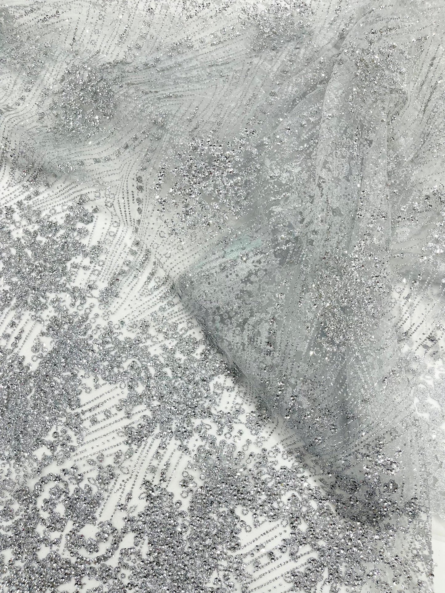 Geometric Damask Glitter Design On A Mesh Lace 54” Wide| New Creations Fabric & Foam Inc. - New Creations Fabric & Foam Inc