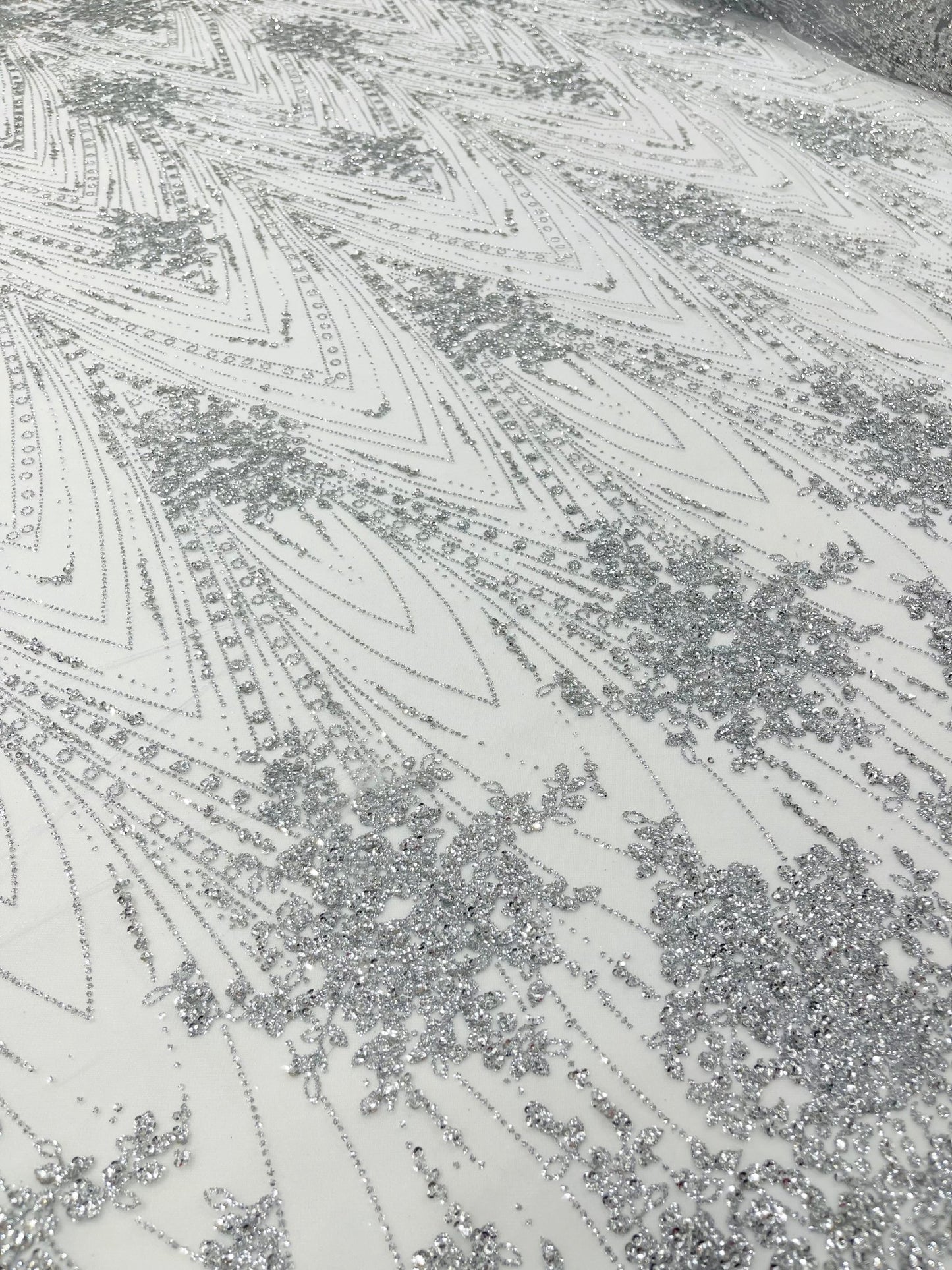 Geometric Damask Glitter Design On A Mesh Lace 54” Wide| New Creations Fabric & Foam Inc. - New Creations Fabric & Foam Inc