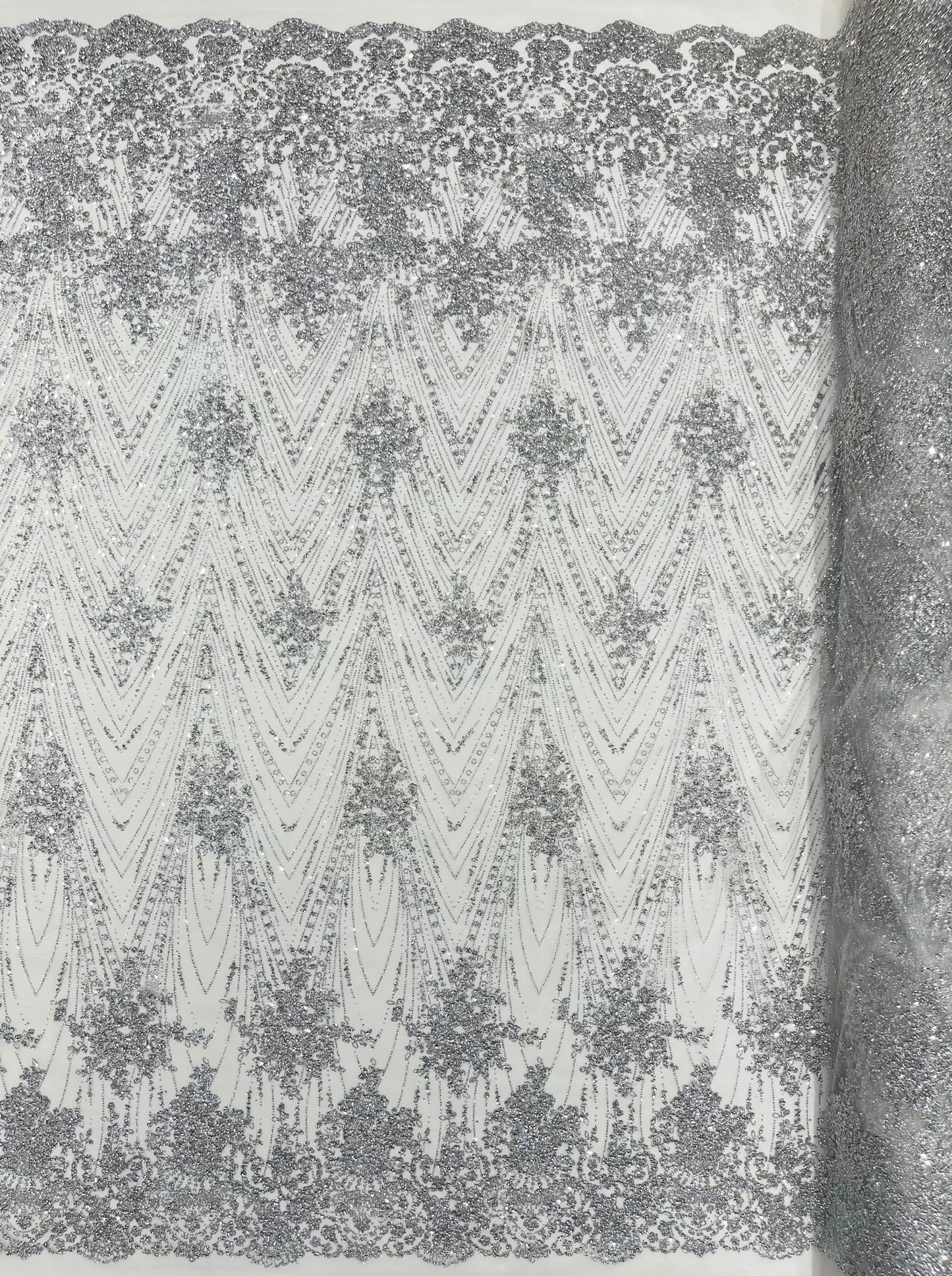 Geometric Damask Glitter Design On A Mesh Lace 54” Wide| New Creations Fabric & Foam Inc. - New Creations Fabric & Foam Inc