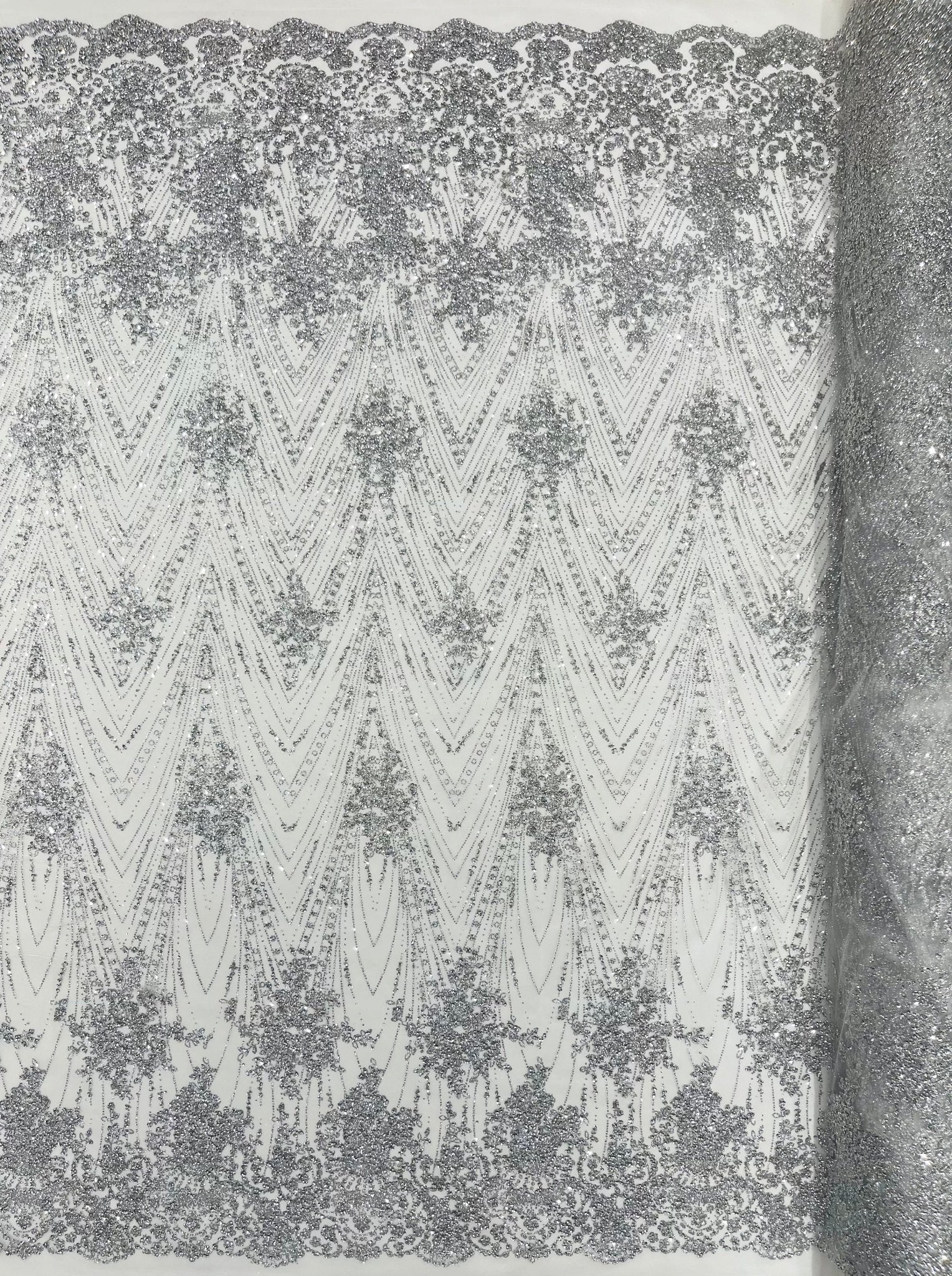 Geometric Damask Glitter Design On A Mesh Lace 54” Wide| New Creations Fabric & Foam Inc. - New Creations Fabric & Foam Inc