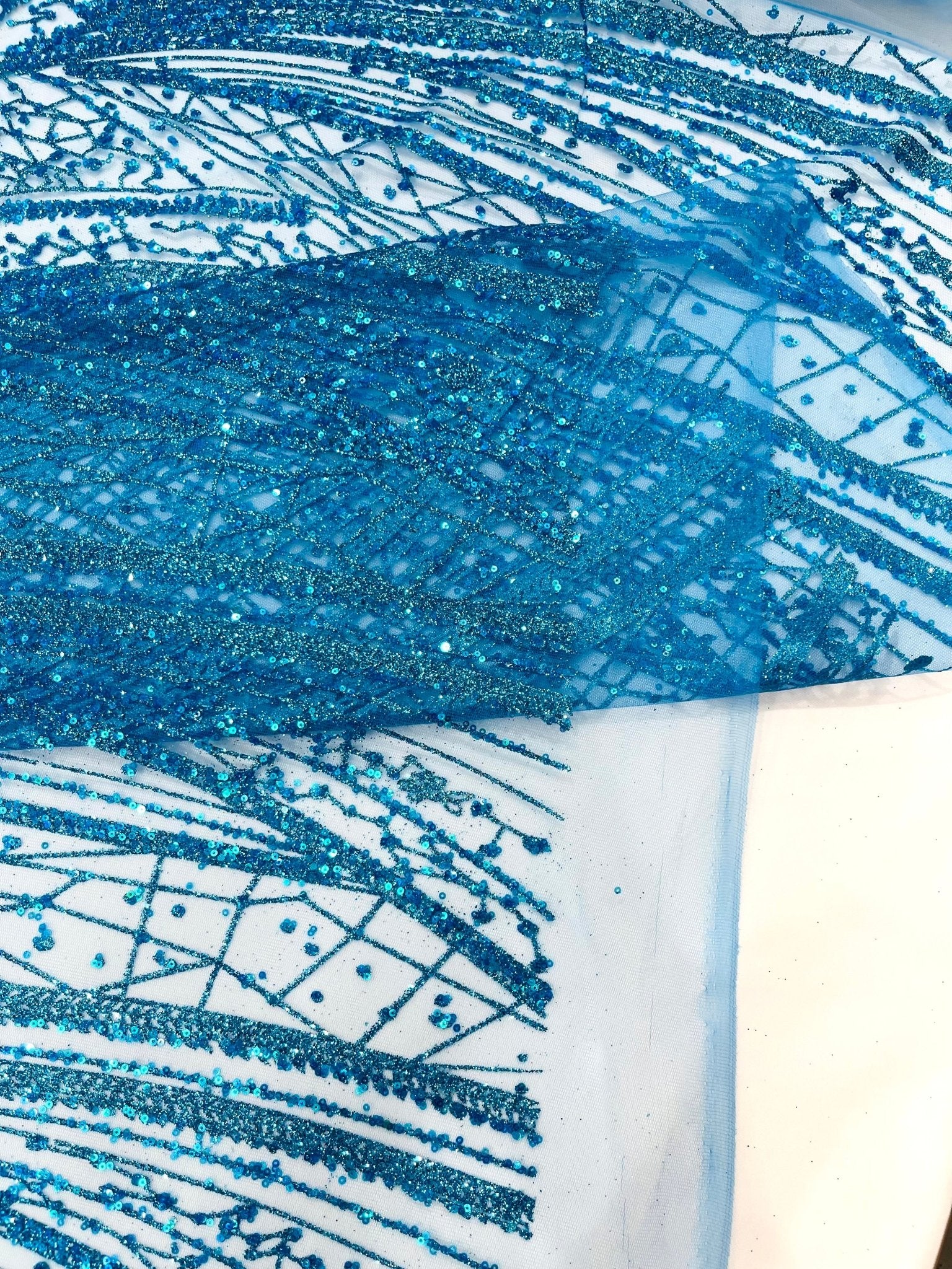Geometric Fashion Glitter Design On A Mesh Lace Fabric| 58" Wide| Prom Dresses. - New Creations Fabric & Foam Inc