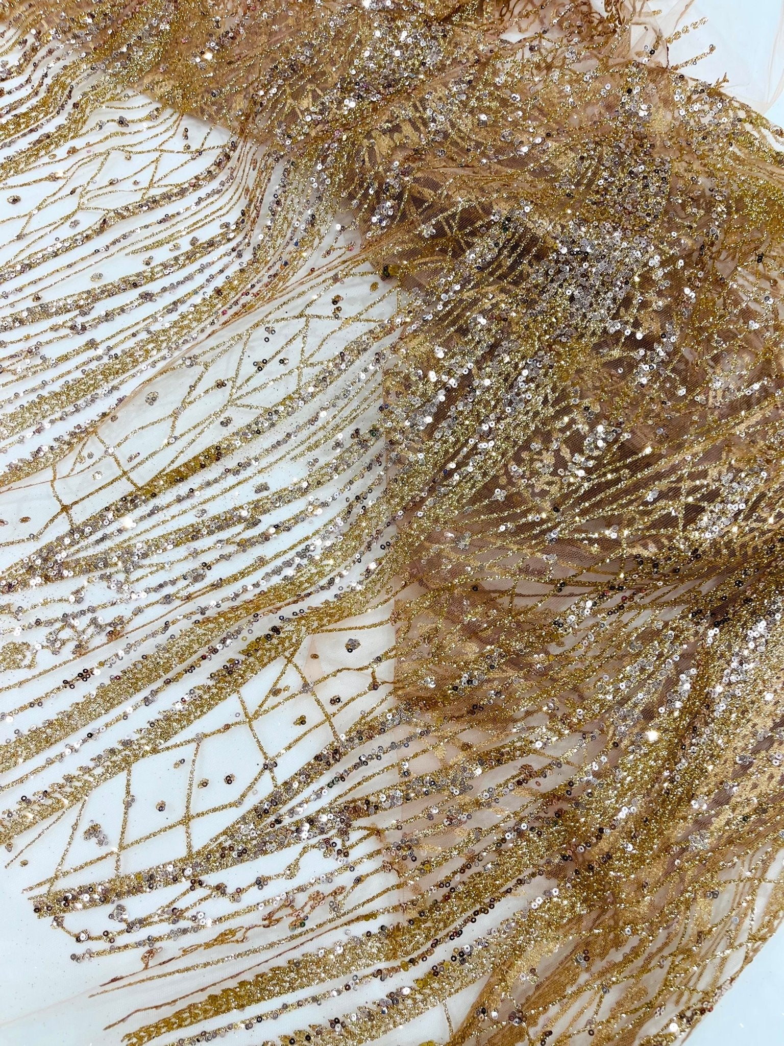 Geometric Fashion Glitter Design On A Mesh Lace Fabric| 58" Wide| Prom Dresses. - New Creations Fabric & Foam Inc