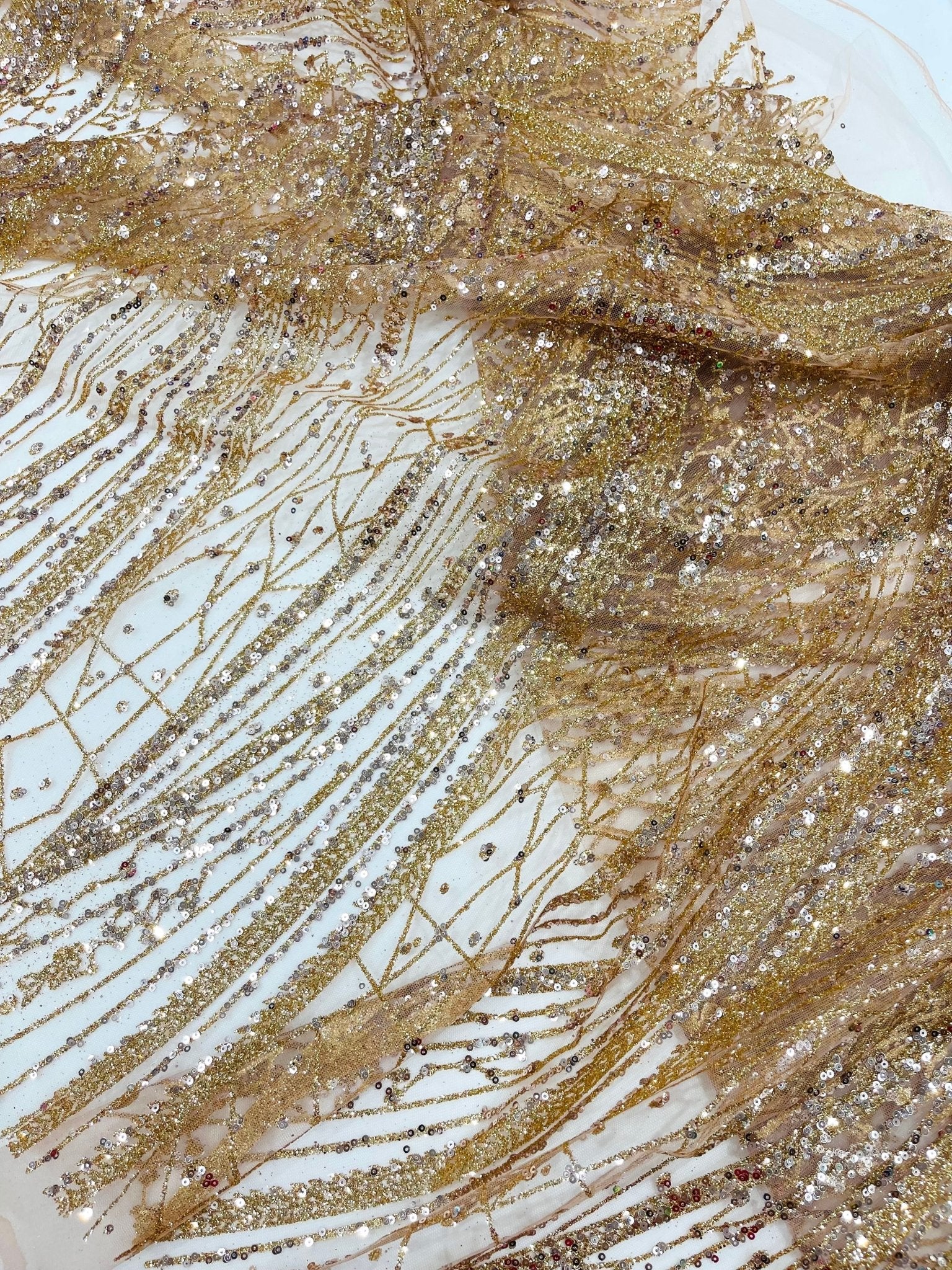 Geometric Fashion Glitter Design On A Mesh Lace Fabric| 58" Wide| Prom Dresses. - New Creations Fabric & Foam Inc