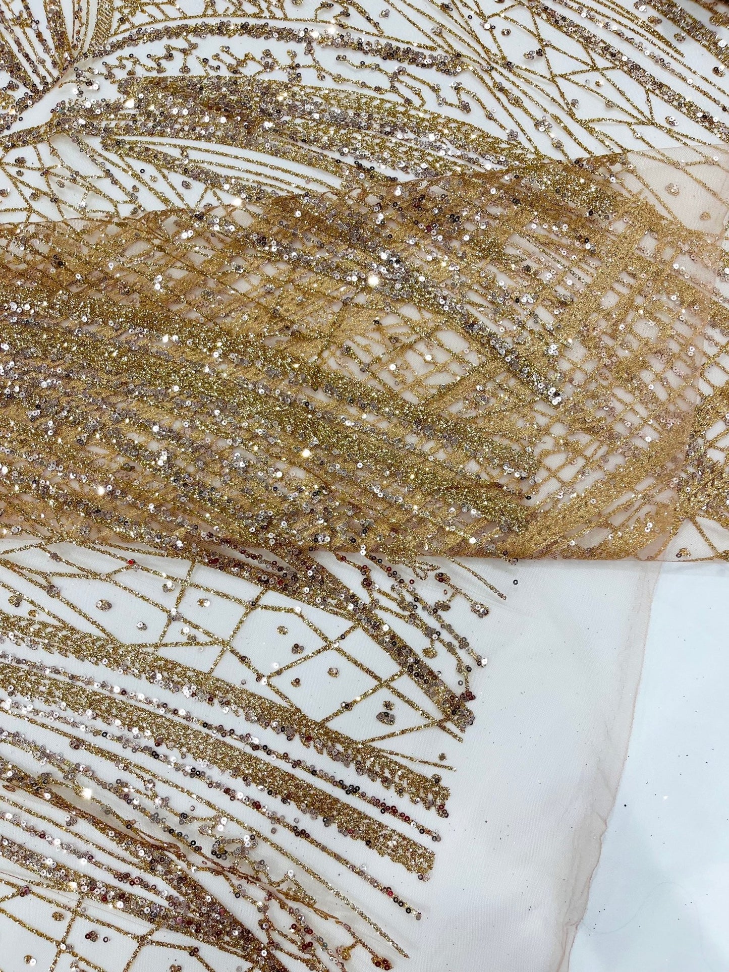 Geometric Fashion Glitter Design On A Mesh Lace Fabric| 58" Wide| Prom Dresses. - New Creations Fabric & Foam Inc