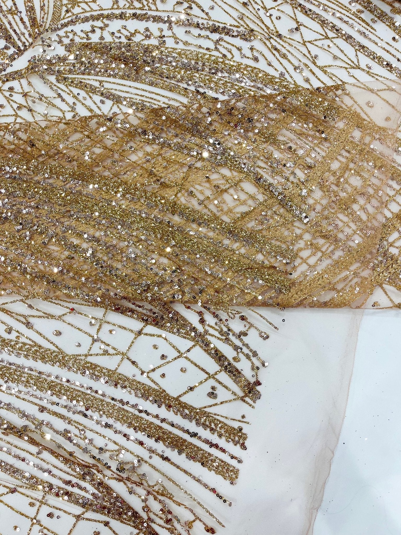 Geometric Fashion Glitter Design On A Mesh Lace Fabric| 58" Wide| Prom Dresses. - New Creations Fabric & Foam Inc