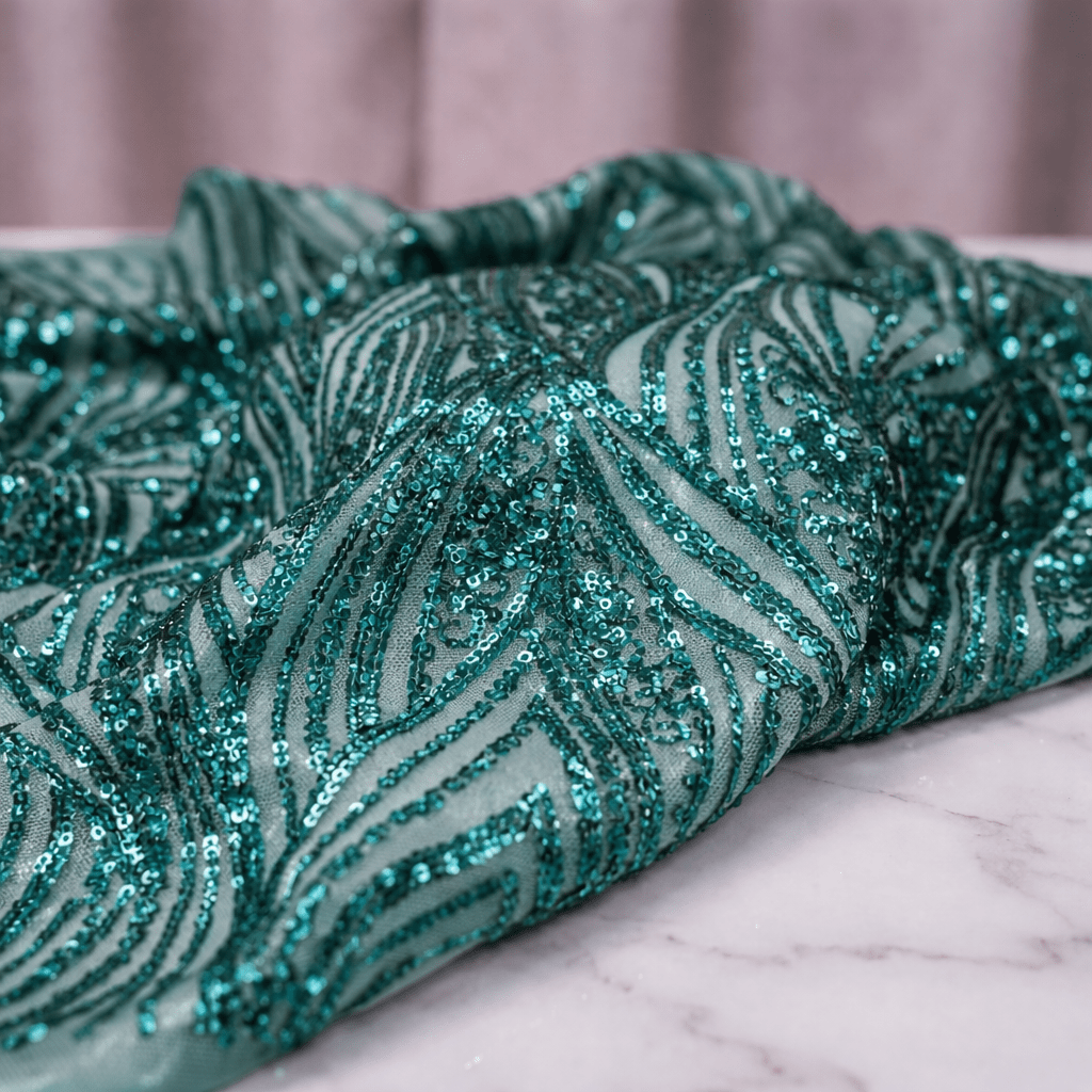 Geometric Feather Wing Sequin Stretch Mesh Fabric by the Yard 54” Wide – Iridescent 4 Way Stretch Sequin Fabric for Prom Dresses, Gowns & Costumes - New Creations Fabric & Foam Inc