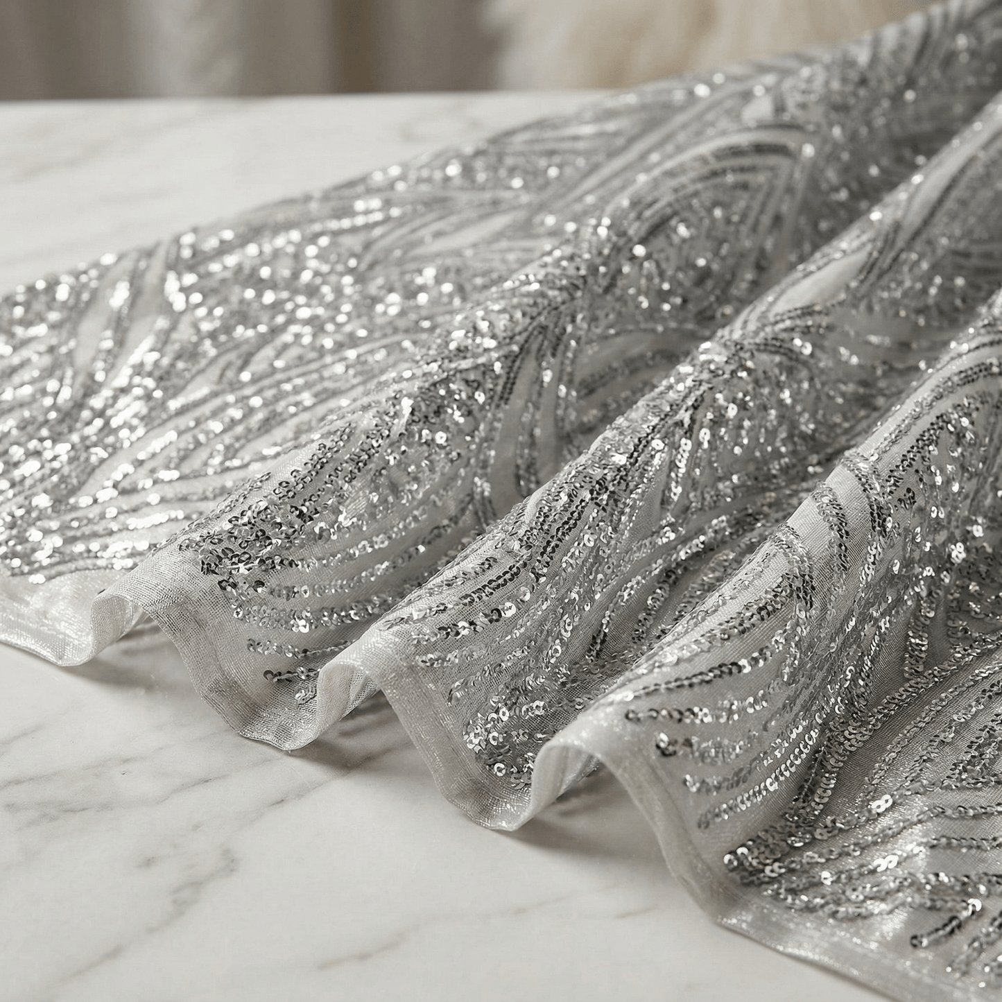 Geometric Feather Wing Sequin Stretch Mesh Fabric by the Yard 54” Wide – Iridescent 4 Way Stretch Sequin Fabric for Prom Dresses, Gowns & Costumes - New Creations Fabric & Foam Inc
