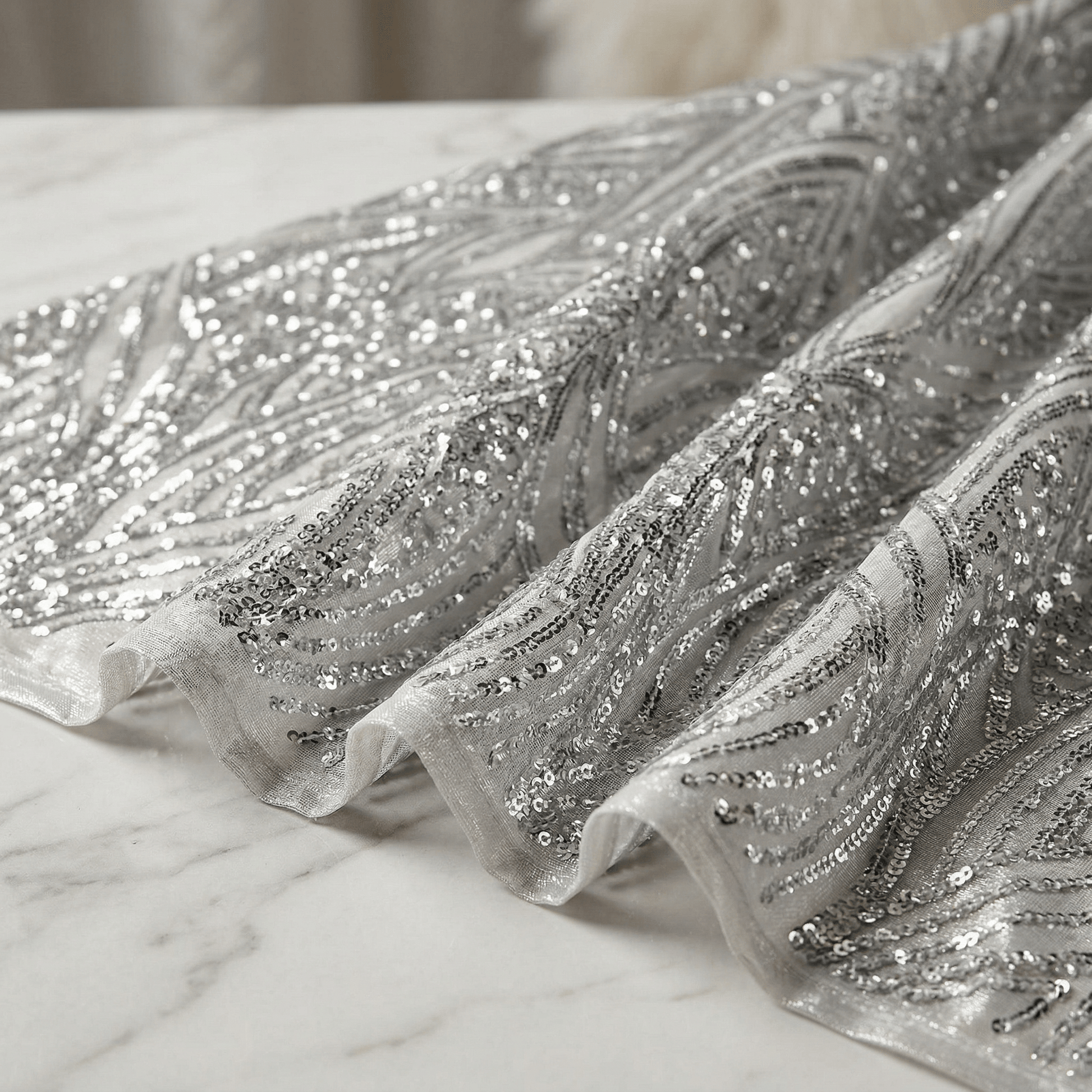 Geometric Feather Wing Sequin Stretch Mesh Fabric by the Yard 54” Wide – Iridescent 4 Way Stretch Sequin Fabric for Prom Dresses, Gowns & Costumes - New Creations Fabric & Foam Inc