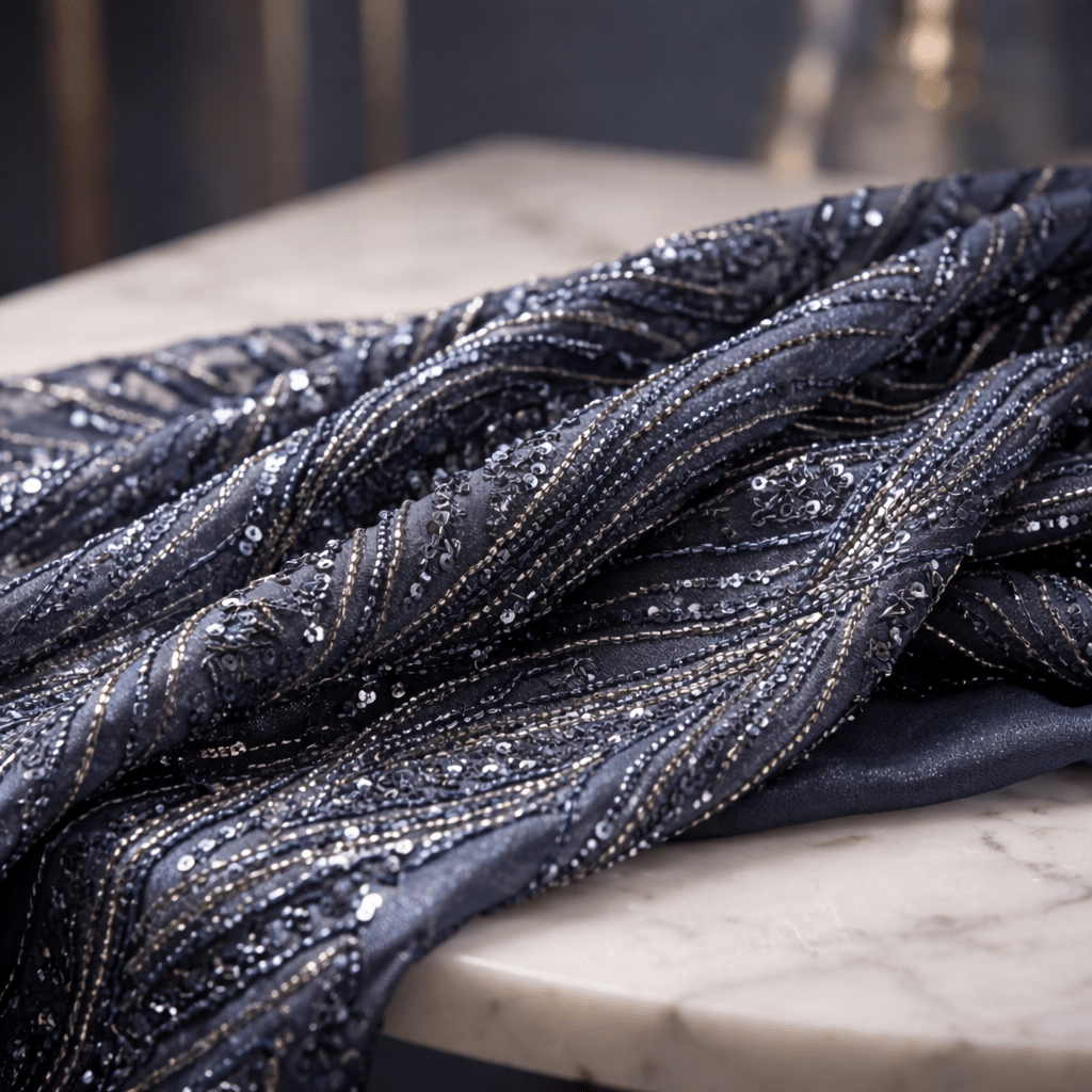 Geometric Feather Wing Sequin Stretch Mesh Fabric by the Yard 54” Wide – Iridescent 4 Way Stretch Sequin Fabric for Prom Dresses, Gowns & Costumes - New Creations Fabric & Foam Inc