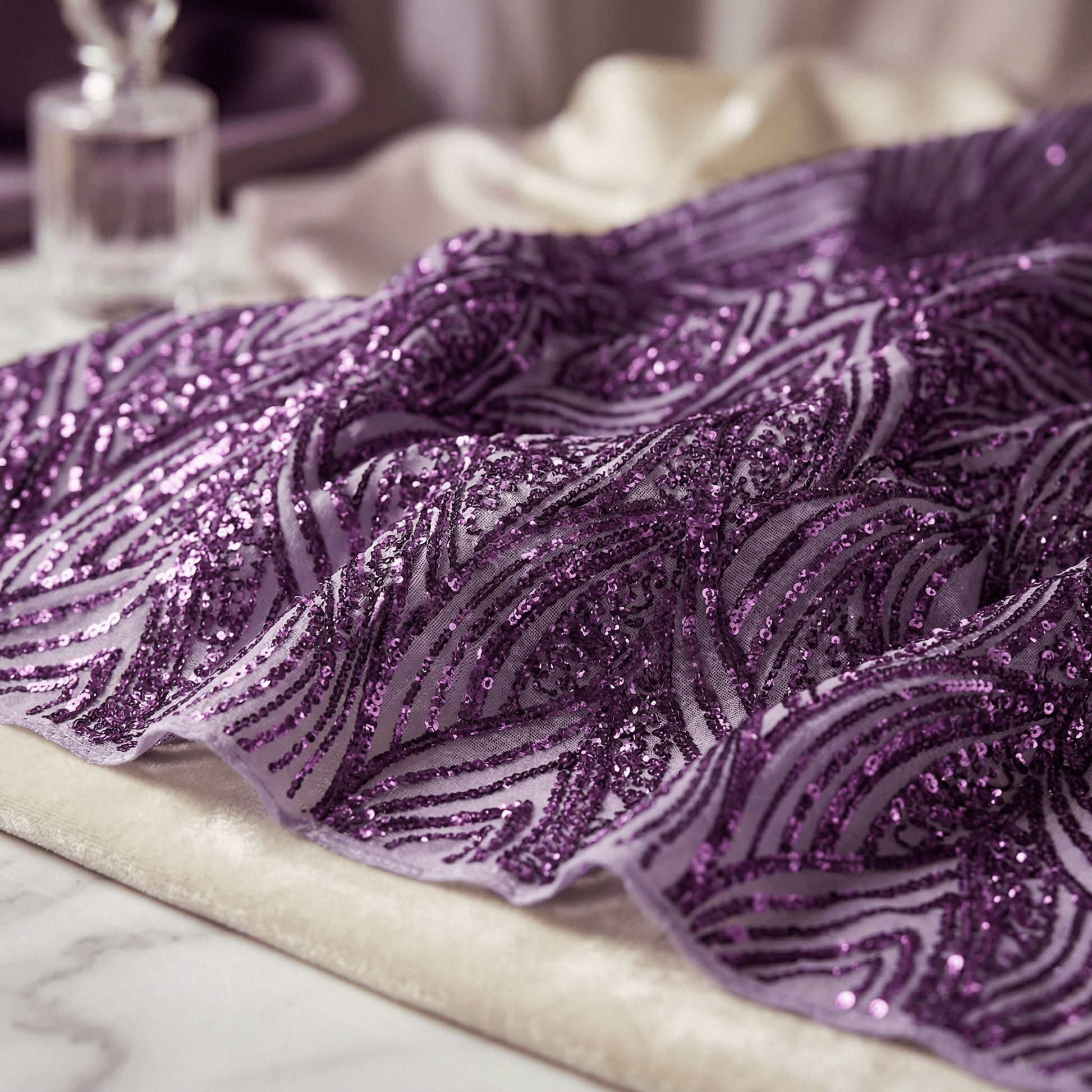 Geometric Feather Wing Sequin Stretch Mesh Fabric by the Yard 54” Wide – Iridescent 4 Way Stretch Sequin Fabric for Prom Dresses, Gowns & Costumes - New Creations Fabric & Foam Inc