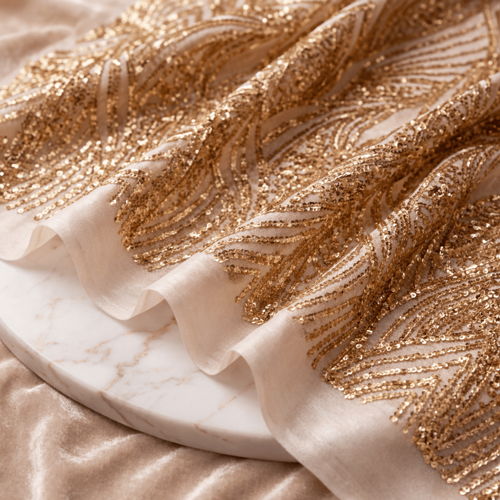 Geometric Feather Wing Sequin Stretch Mesh Fabric by the Yard 54” Wide – Iridescent 4 Way Stretch Sequin Fabric for Prom Dresses, Gowns & Costumes - New Creations Fabric & Foam Inc