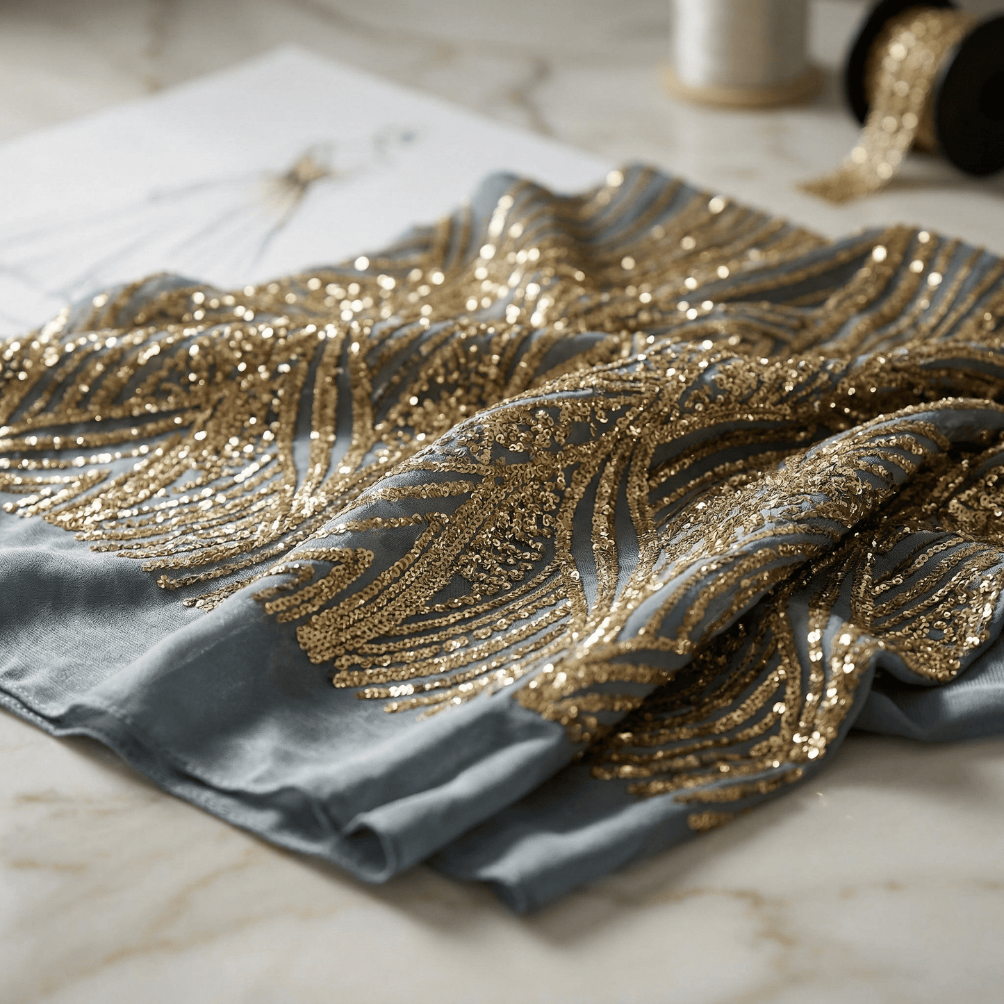 Geometric Feather Wing Sequin Stretch Mesh Fabric by the Yard 54” Wide – Iridescent 4 Way Stretch Sequin Fabric for Prom Dresses, Gowns & Costumes - New Creations Fabric & Foam Inc