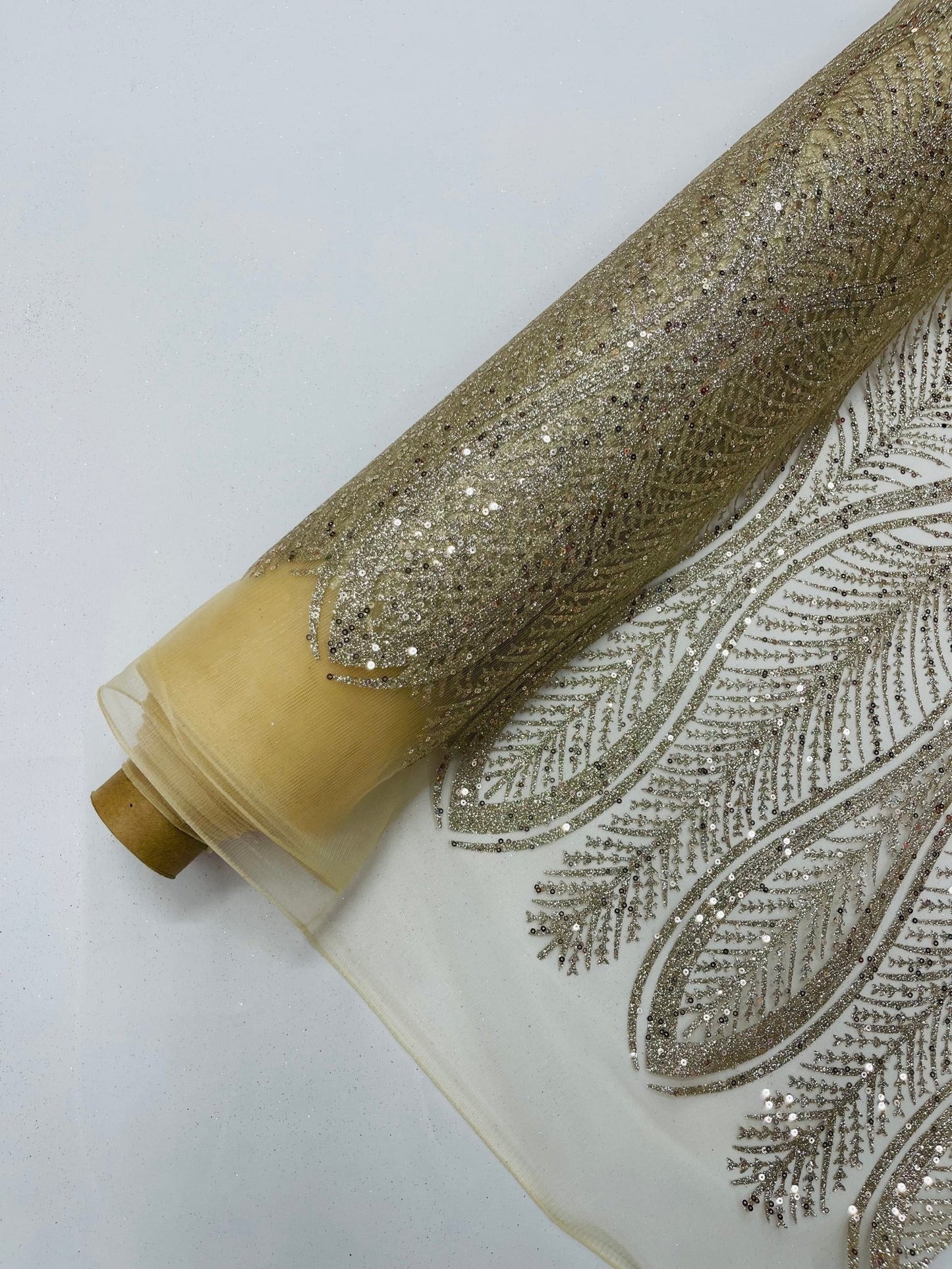 GLITTER FEATHER DAMASK DESIGN MESH LACE FABRIC (By The Yard) - New Creations Fabric & Foam Inc