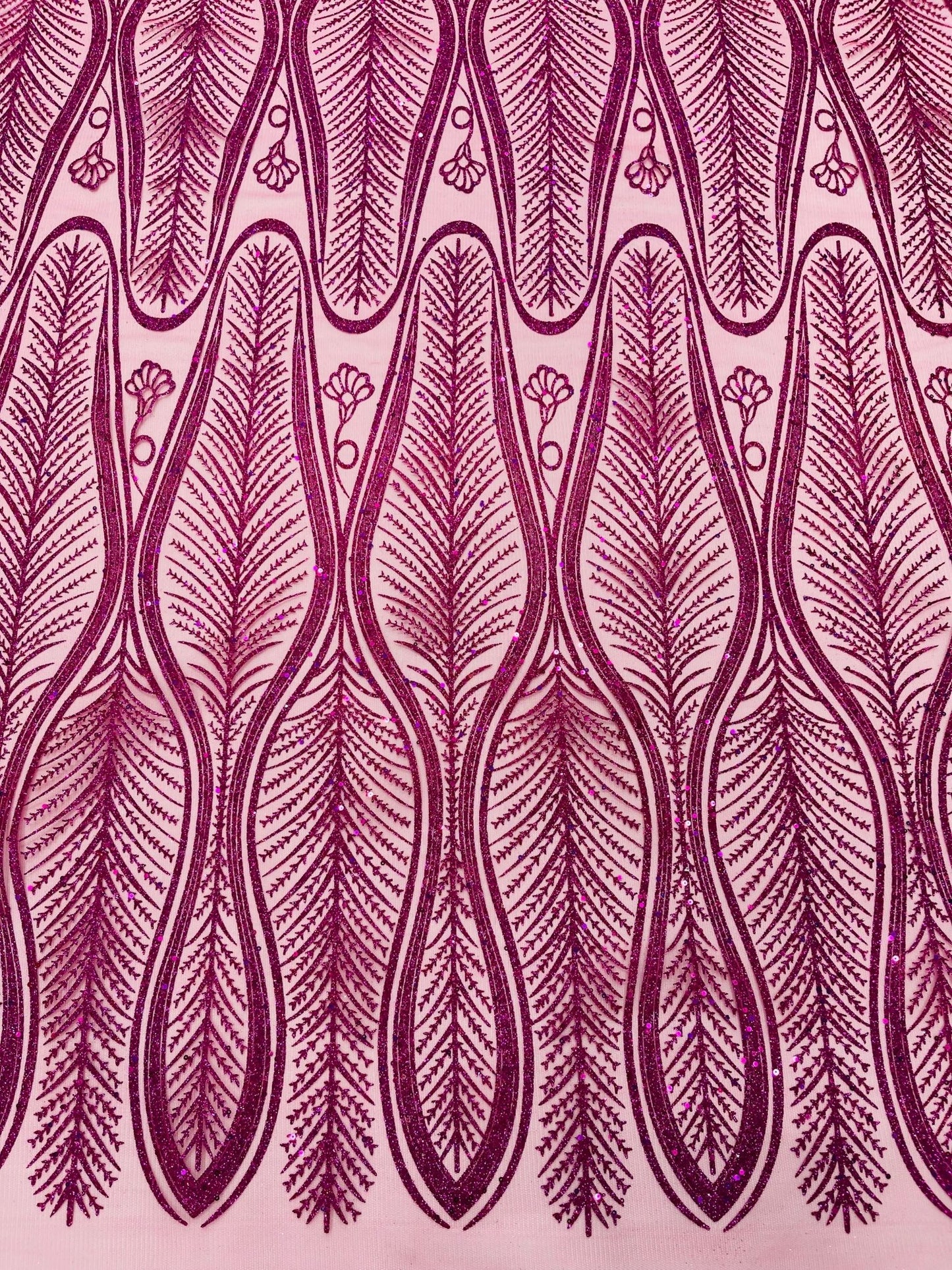 GLITTER FEATHER DAMASK DESIGN MESH LACE FABRIC (By The Yard) - New Creations Fabric & Foam Inc