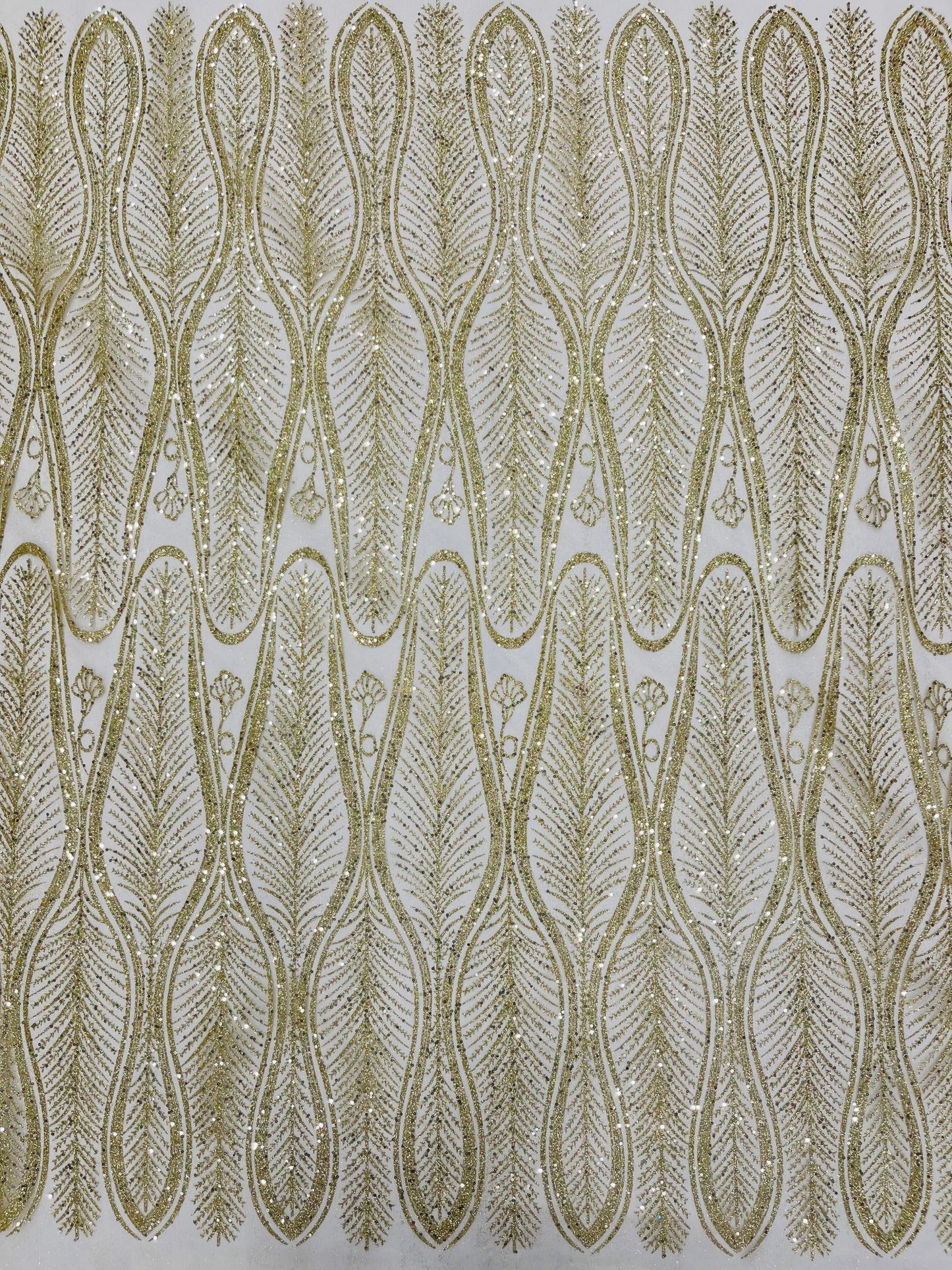 GLITTER FEATHER DAMASK DESIGN MESH LACE FABRIC (By The Yard) - New Creations Fabric & Foam Inc