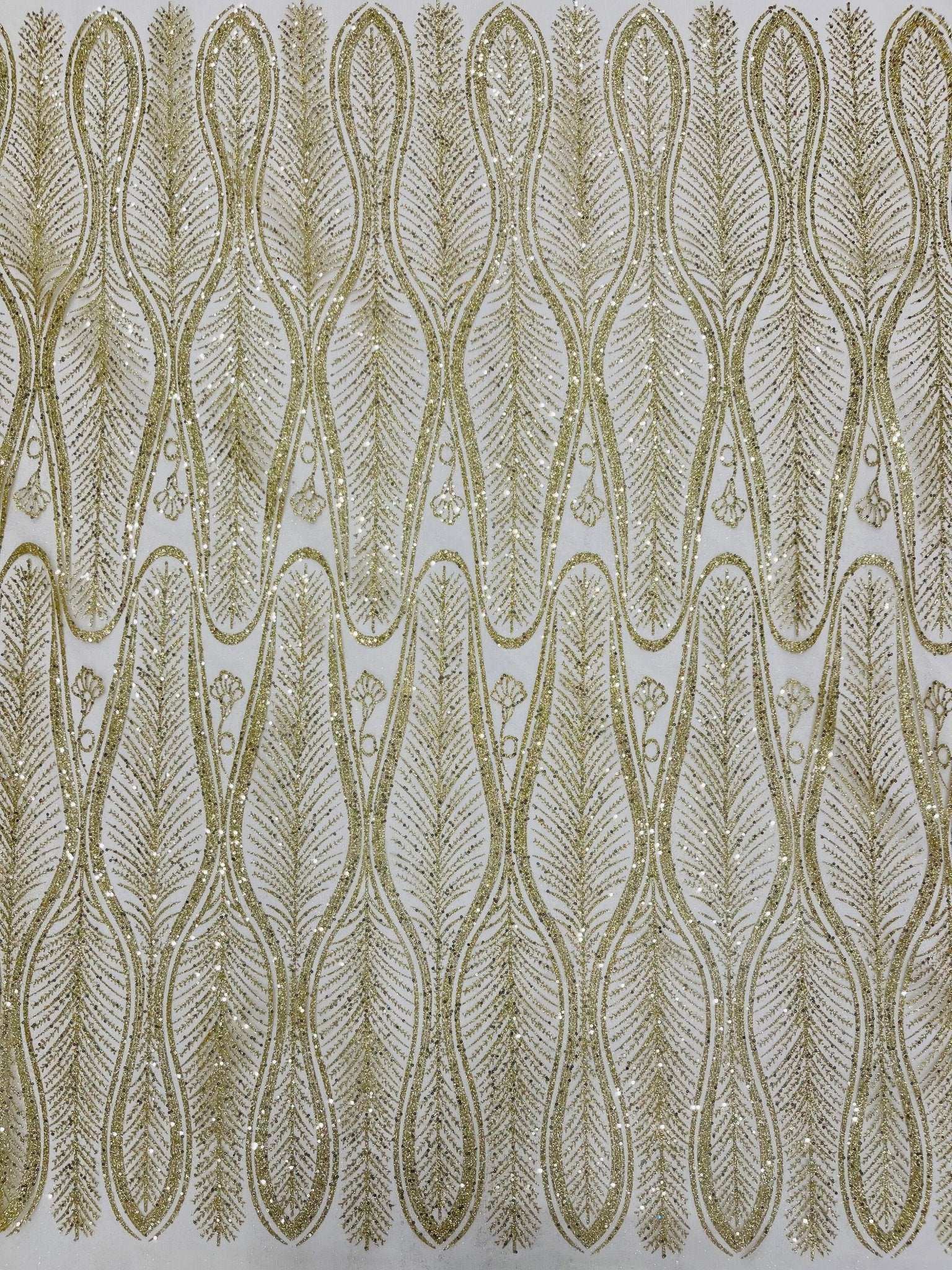 GLITTER FEATHER DAMASK DESIGN MESH LACE FABRIC (By The Yard) - New Creations Fabric & Foam Inc