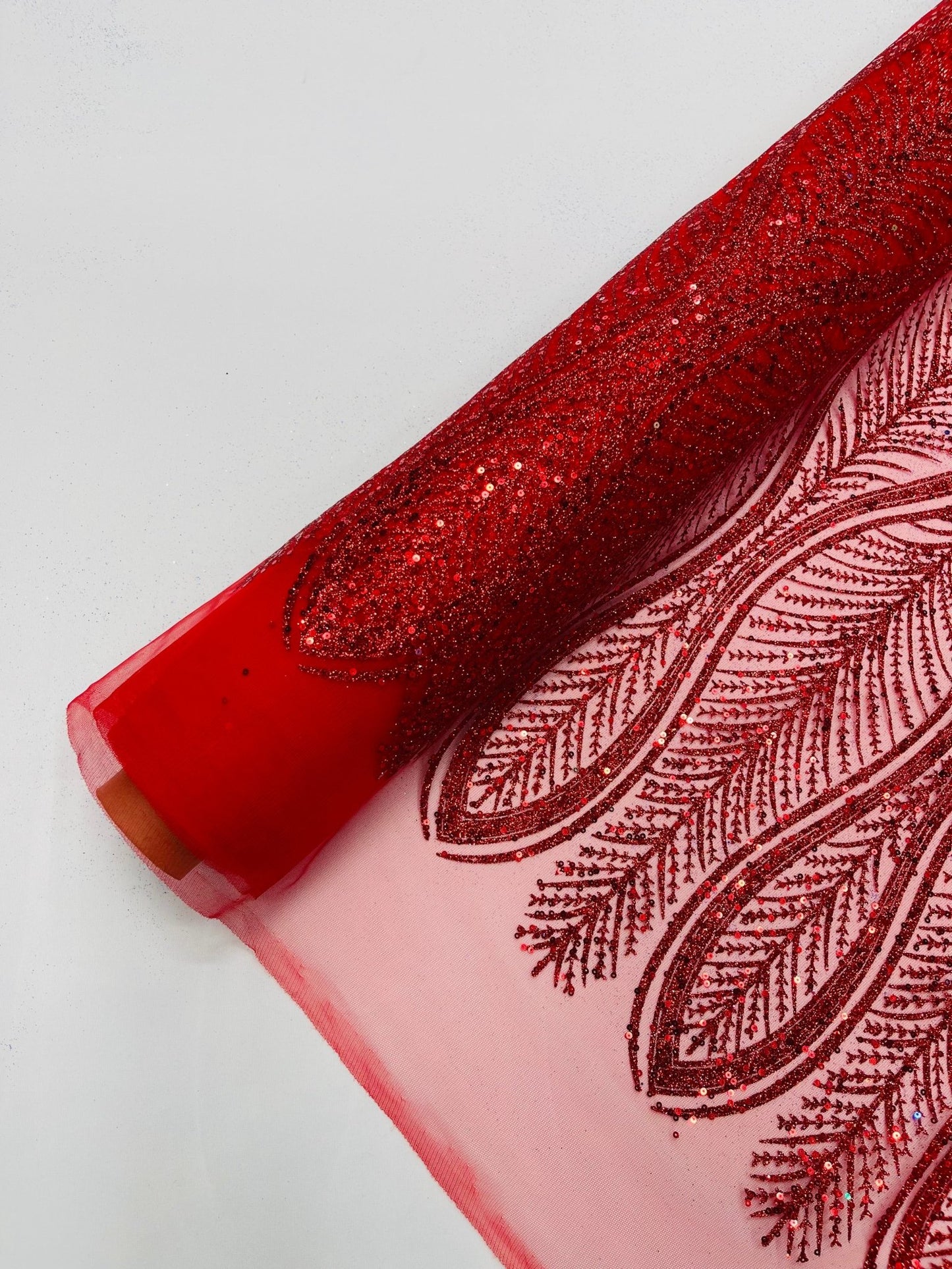GLITTER FEATHER DAMASK DESIGN MESH LACE FABRIC (By The Yard) - New Creations Fabric & Foam Inc