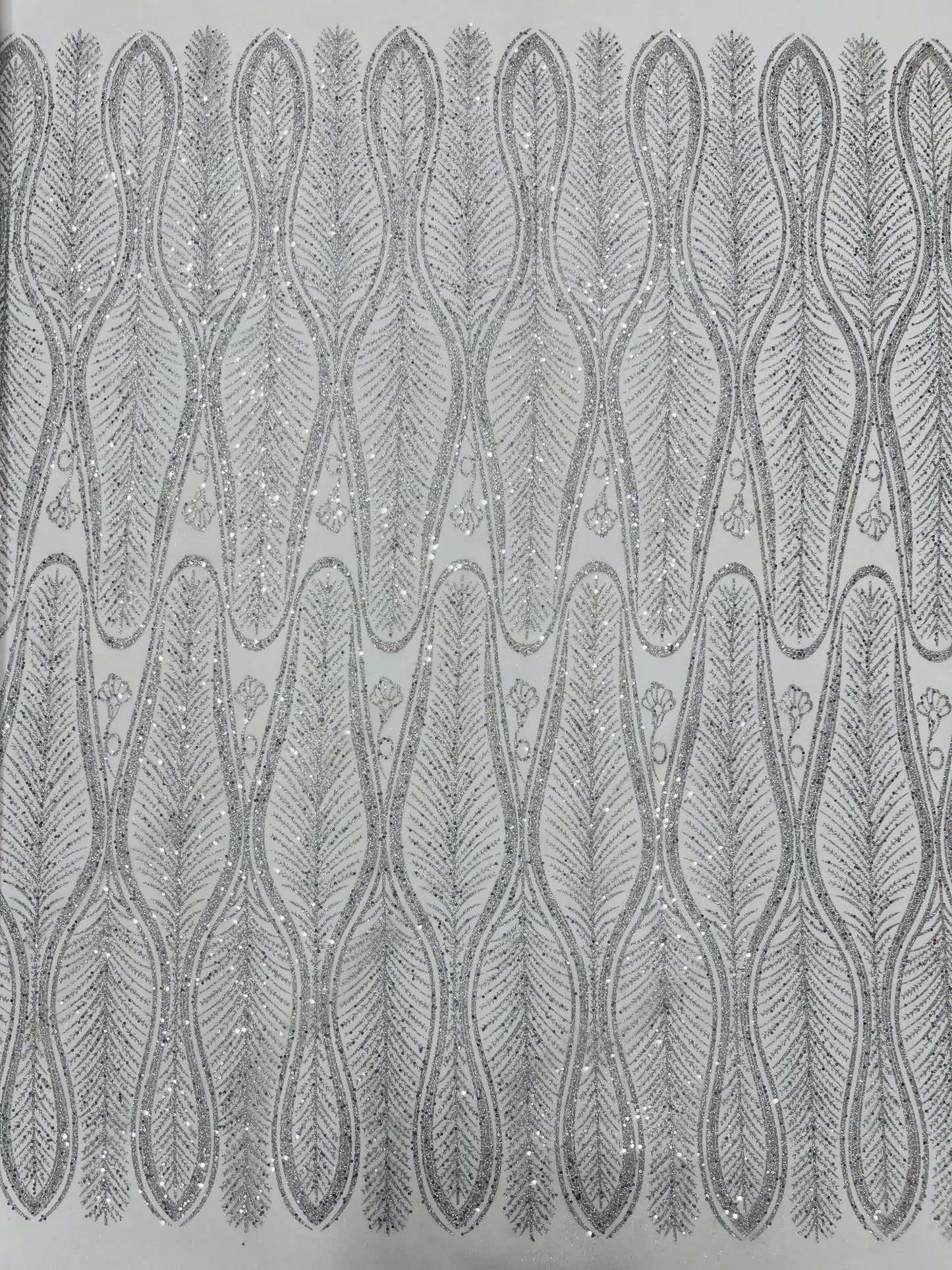 GLITTER FEATHER DAMASK DESIGN MESH LACE FABRIC (By The Yard) - New Creations Fabric & Foam Inc
