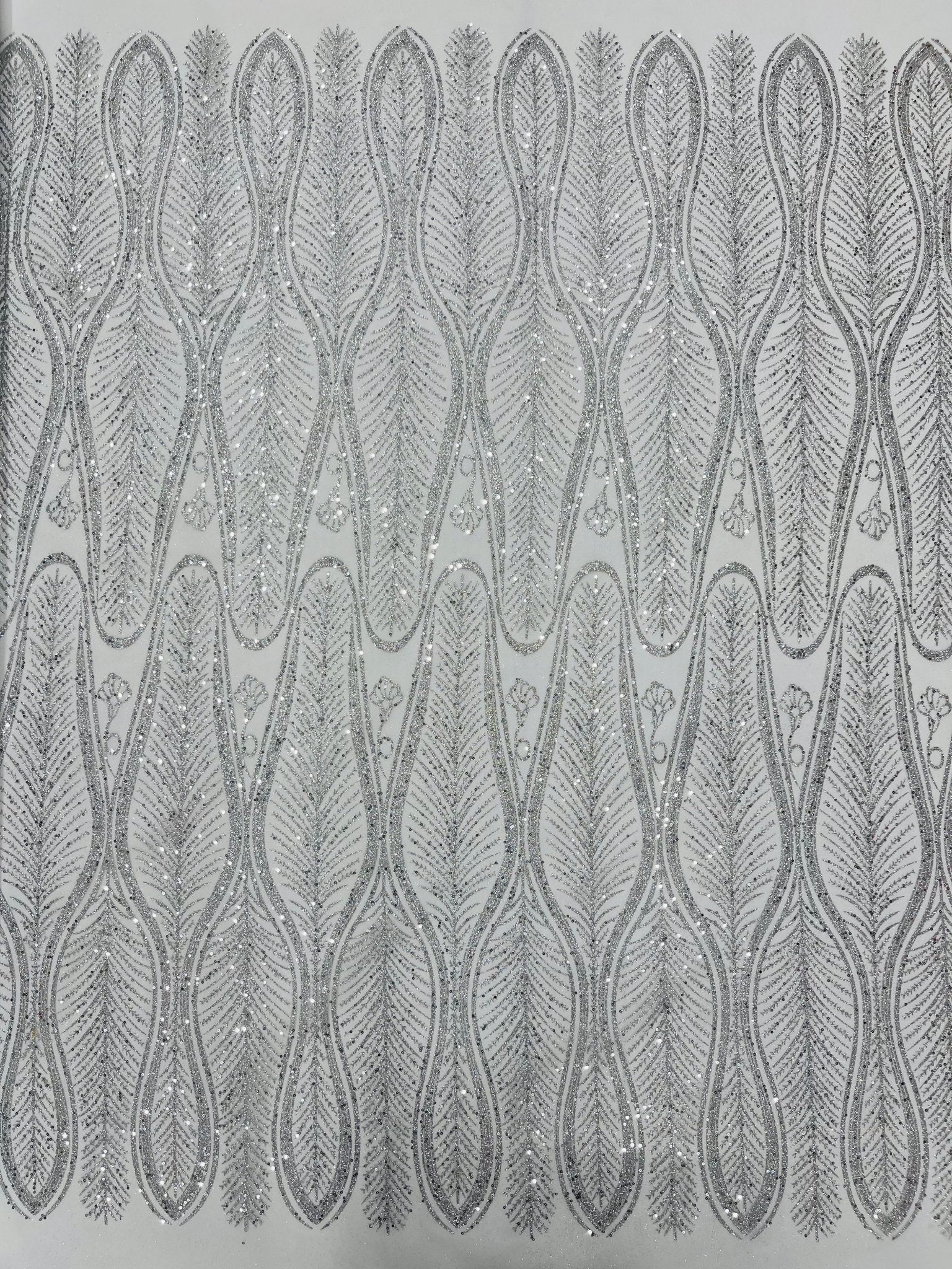 GLITTER FEATHER DAMASK DESIGN MESH LACE FABRIC (By The Yard) - New Creations Fabric & Foam Inc