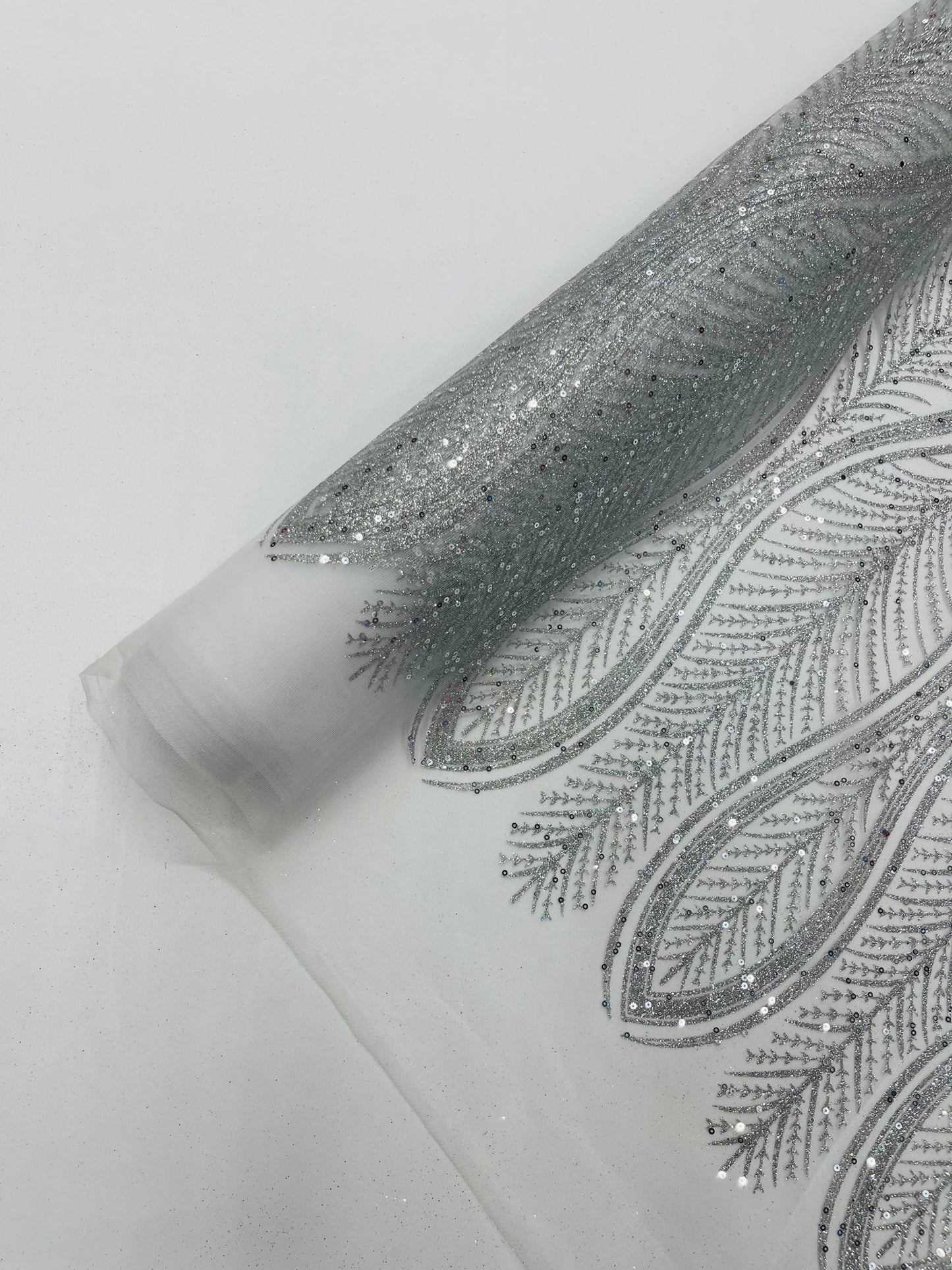 GLITTER FEATHER DAMASK DESIGN MESH LACE FABRIC (By The Yard) - New Creations Fabric & Foam Inc