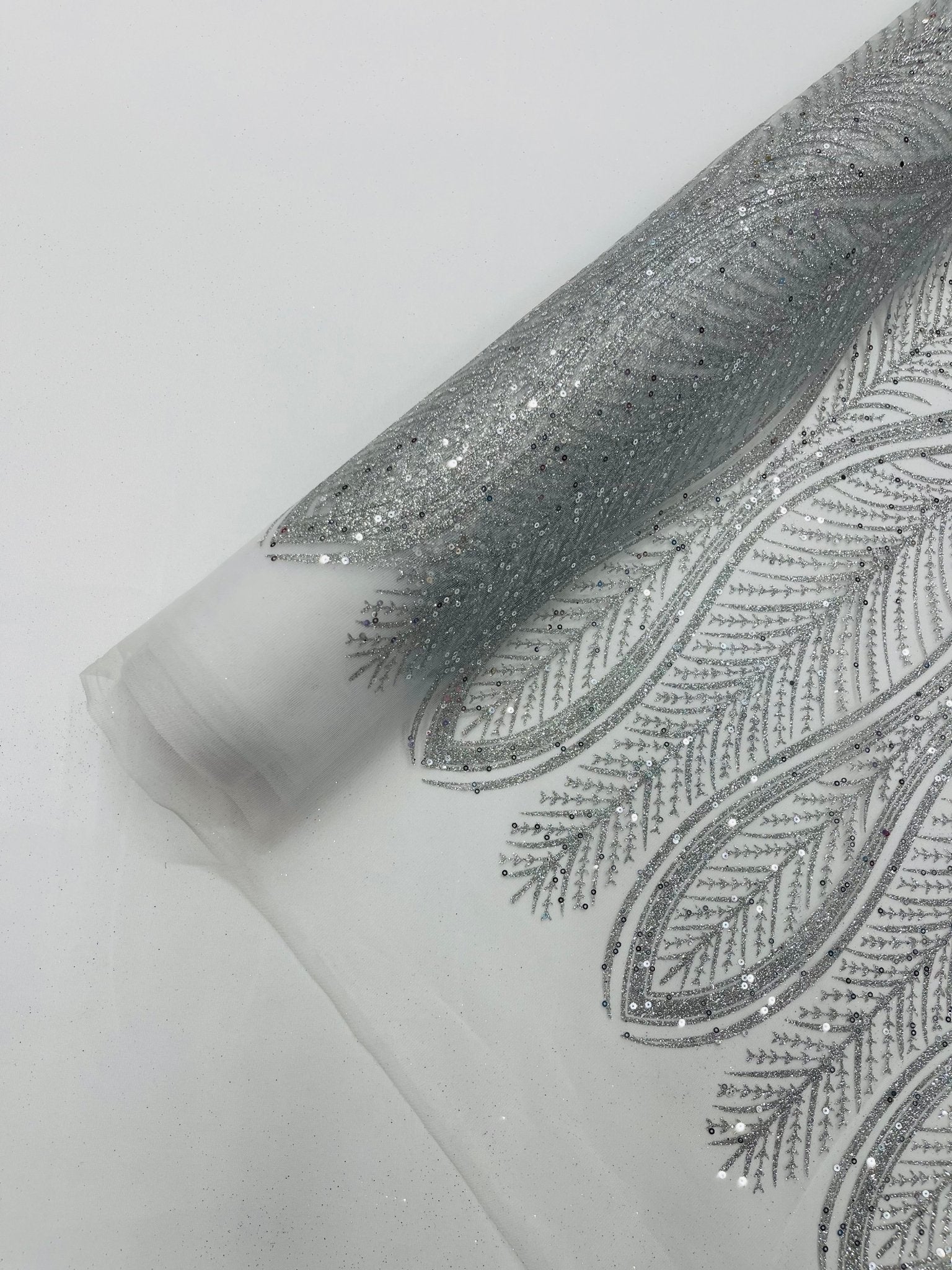 GLITTER FEATHER DAMASK DESIGN MESH LACE FABRIC (By The Yard) - New Creations Fabric & Foam Inc