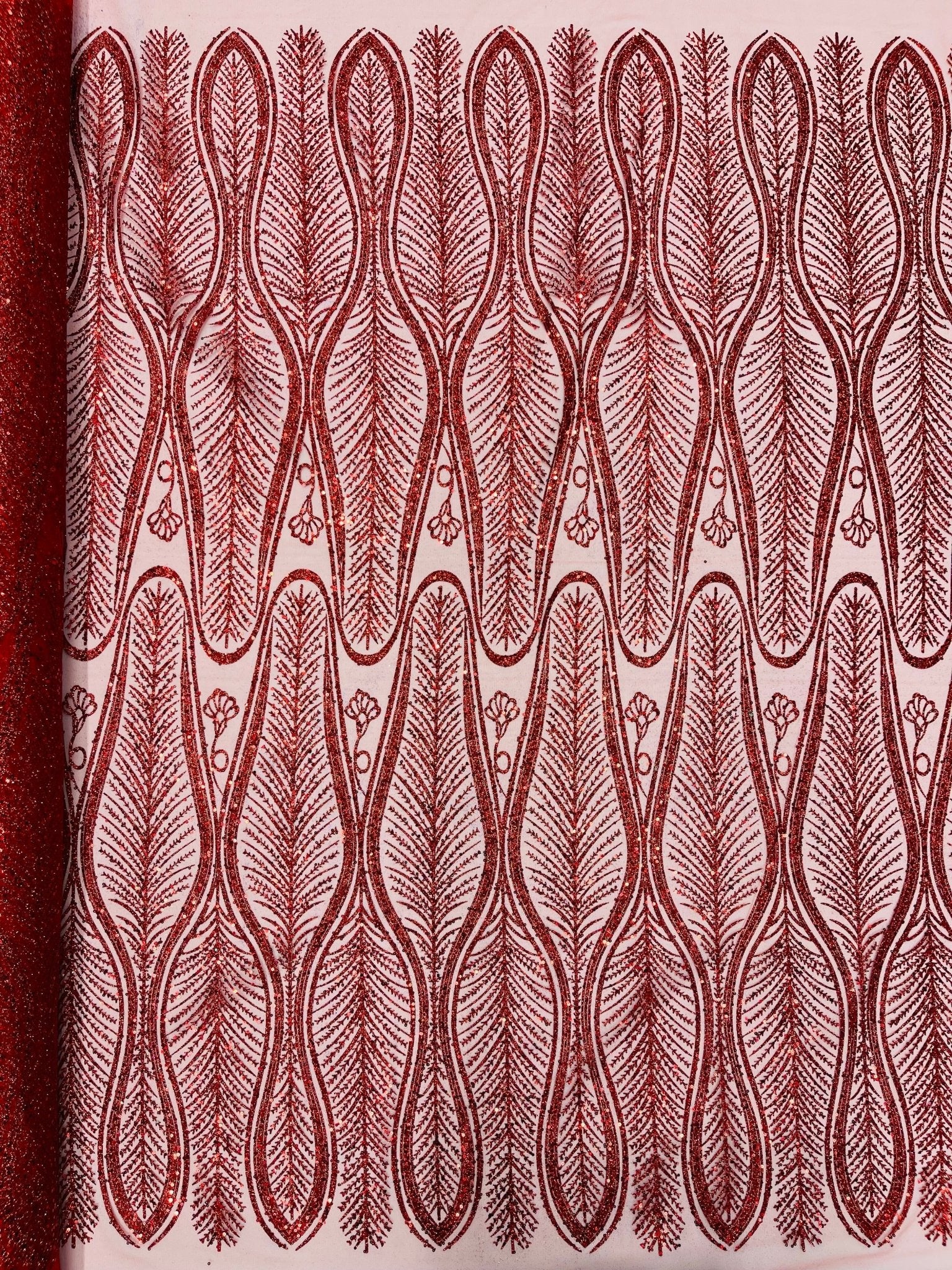 GLITTER FEATHER DAMASK DESIGN MESH LACE FABRIC (By The Yard) - New Creations Fabric & Foam Inc