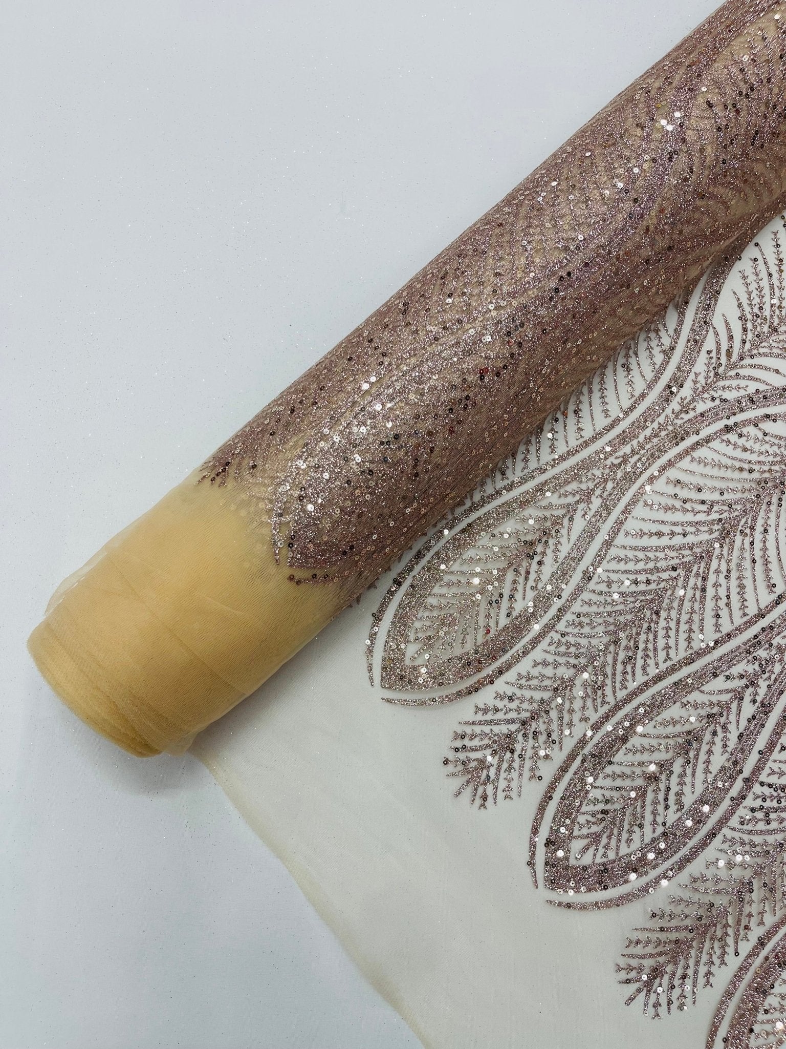 GLITTER FEATHER DAMASK DESIGN MESH LACE FABRIC (By The Yard) - New Creations Fabric & Foam Inc