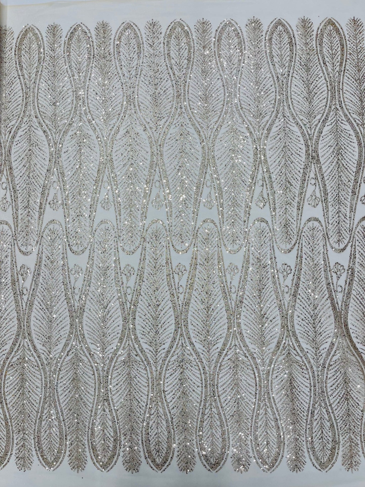 GLITTER FEATHER DAMASK DESIGN MESH LACE FABRIC (By The Yard) - New Creations Fabric & Foam Inc