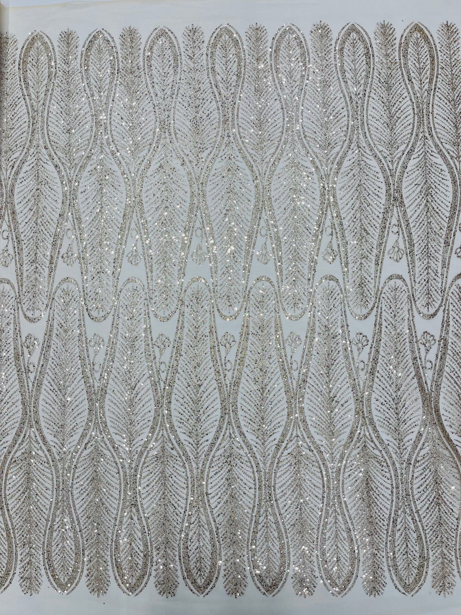 GLITTER FEATHER DAMASK DESIGN MESH LACE FABRIC (By The Yard) - New Creations Fabric & Foam Inc