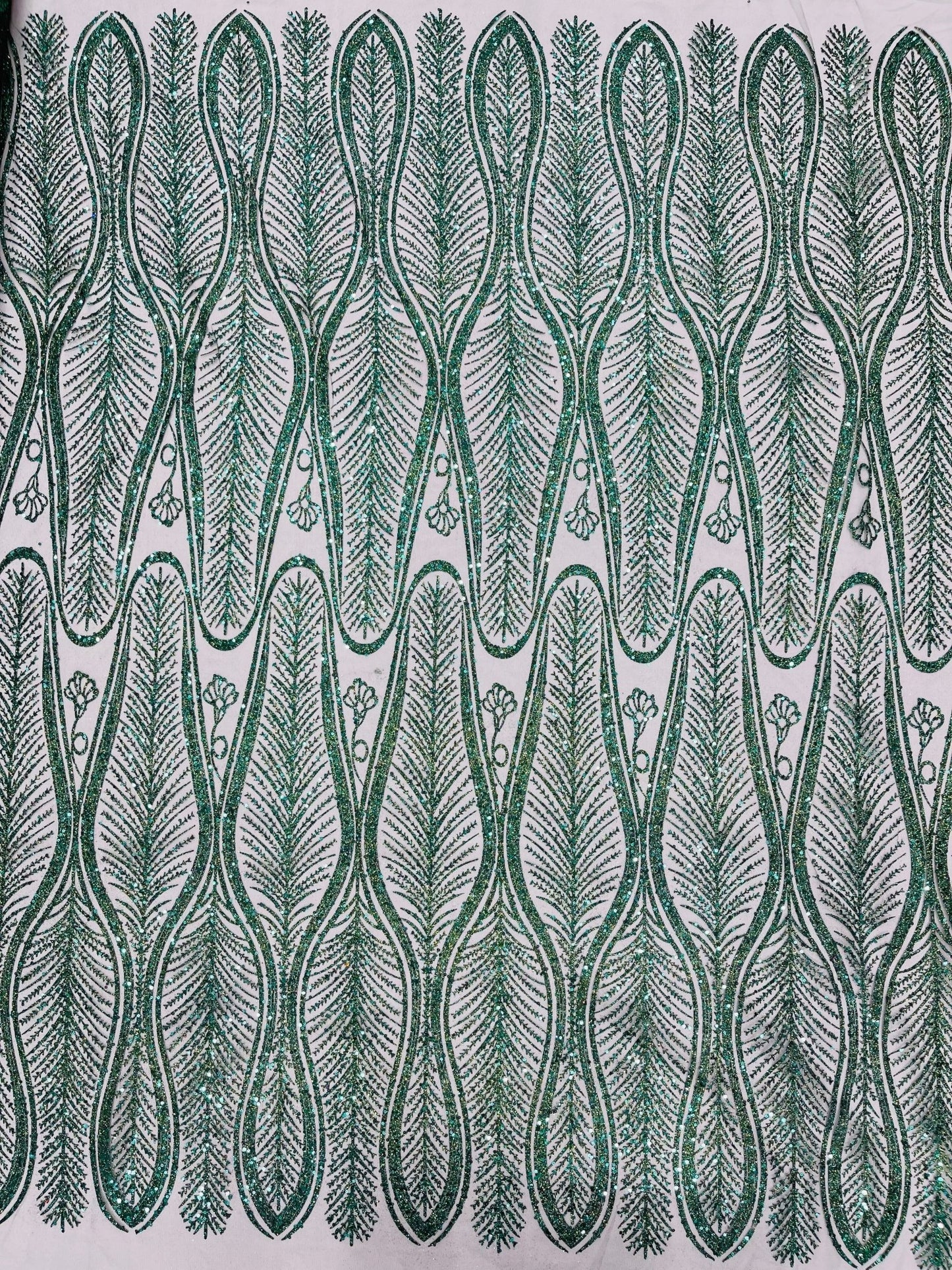 GLITTER FEATHER DAMASK DESIGN MESH LACE FABRIC (By The Yard) - New Creations Fabric & Foam Inc