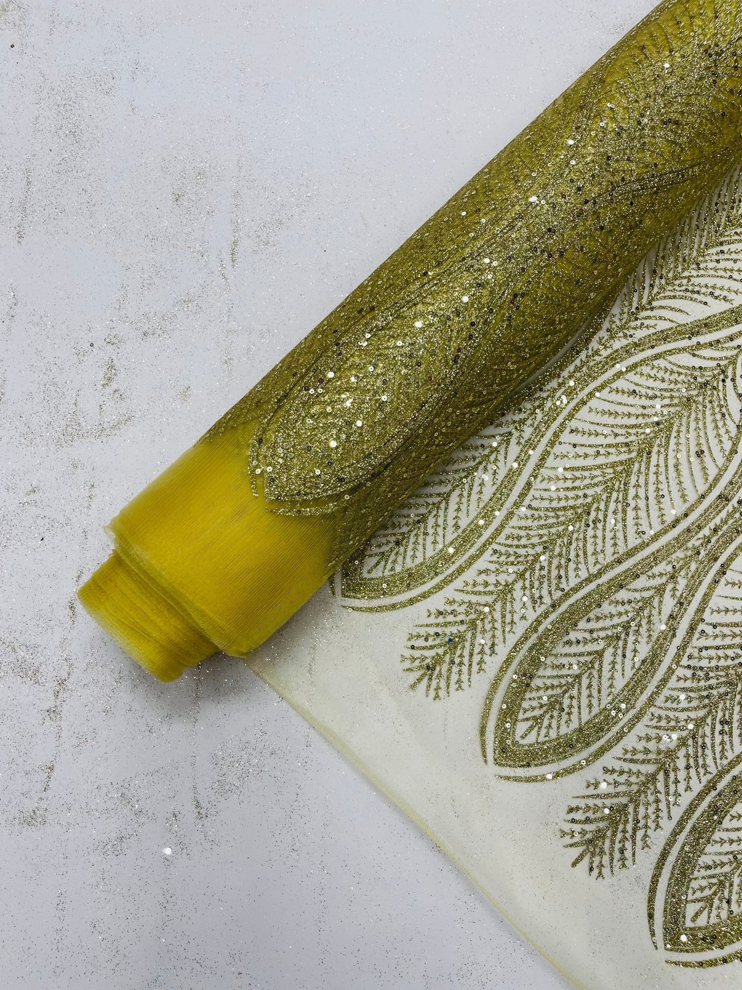 GLITTER FEATHER DAMASK DESIGN MESH LACE FABRIC (By The Yard) - New Creations Fabric & Foam Inc