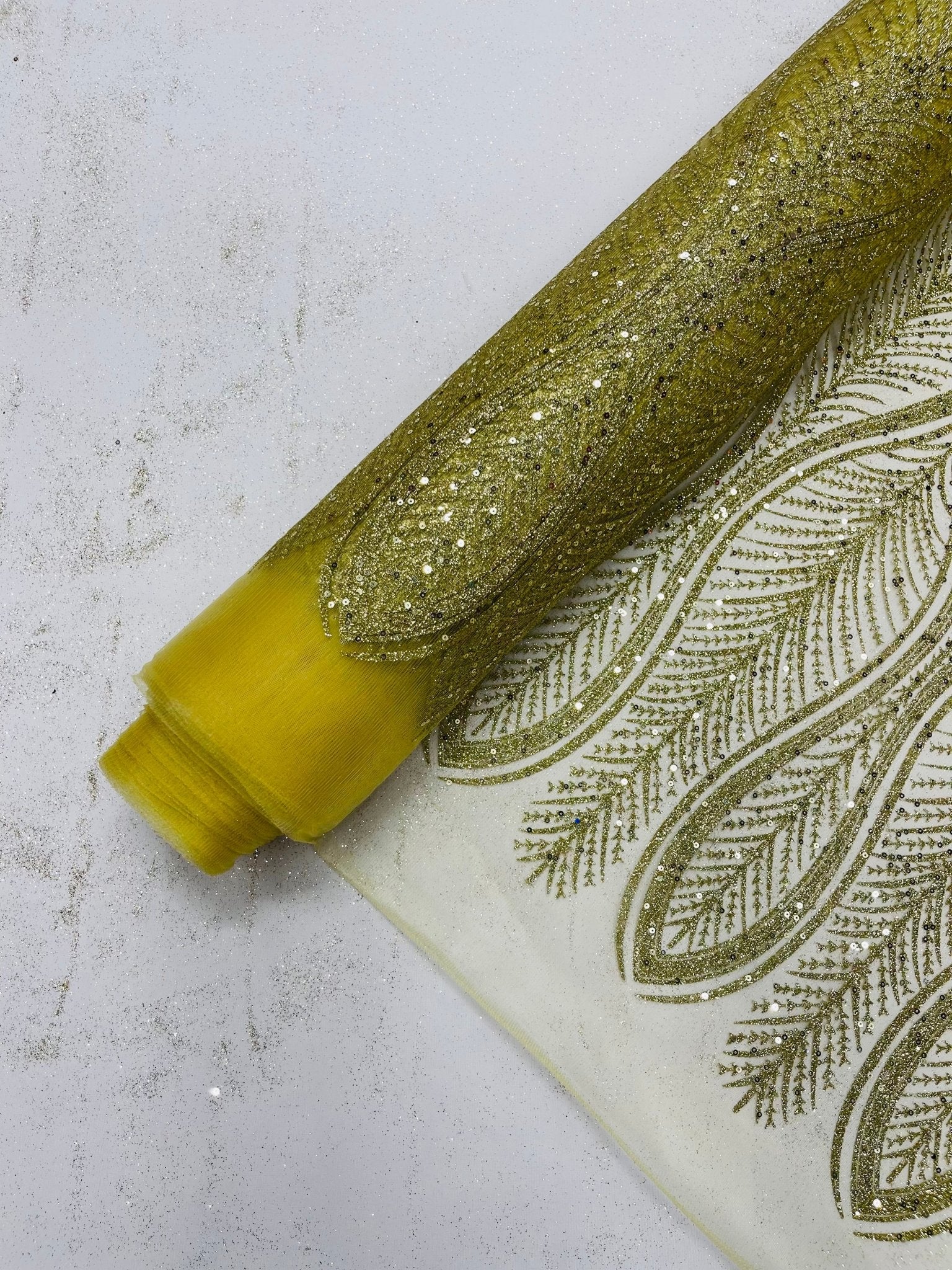 GLITTER FEATHER DAMASK DESIGN MESH LACE FABRIC (By The Yard) - New Creations Fabric & Foam Inc