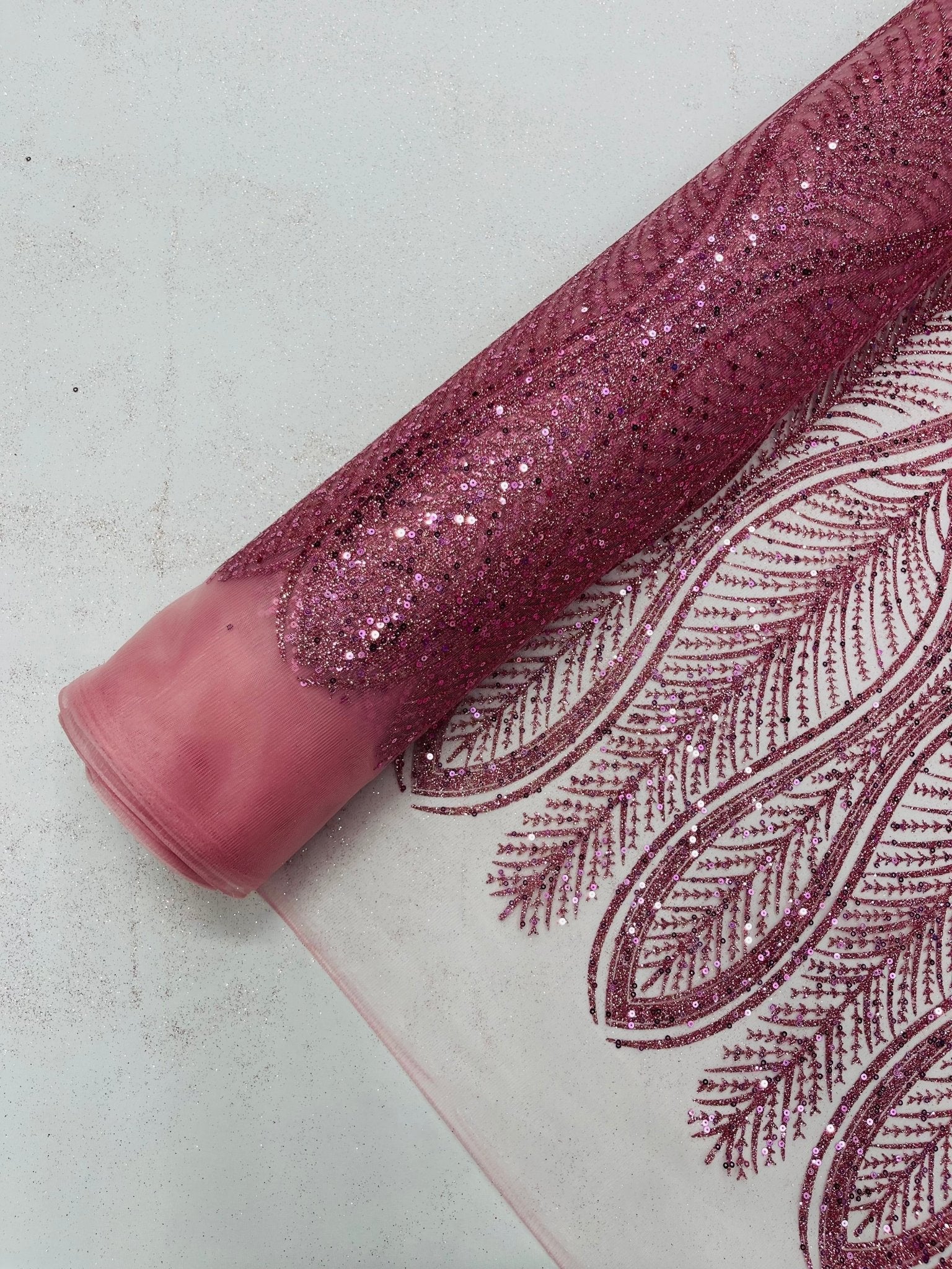 GLITTER FEATHER DAMASK DESIGN MESH LACE FABRIC (By The Yard) - New Creations Fabric & Foam Inc