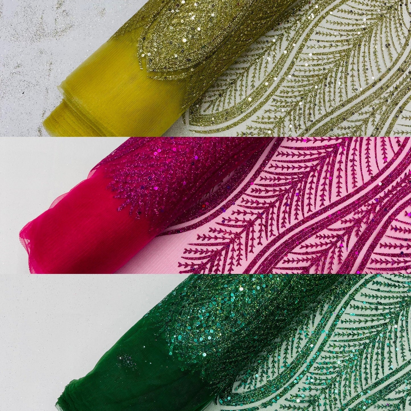 GLITTER FEATHER DAMASK DESIGN MESH LACE FABRIC (By The Yard) - New Creations Fabric & Foam Inc