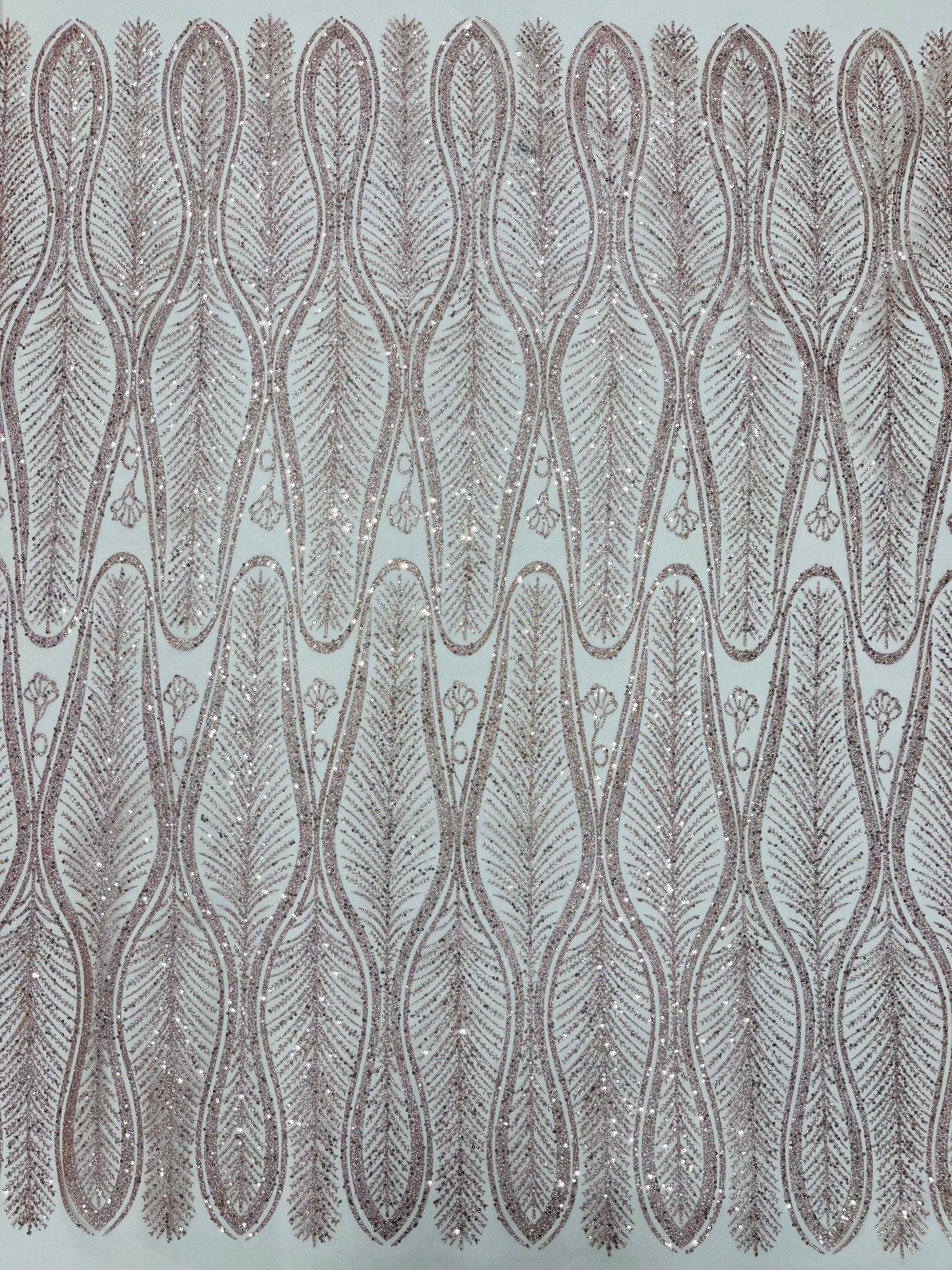 GLITTER FEATHER DAMASK DESIGN MESH LACE FABRIC (By The Yard) - New Creations Fabric & Foam Inc