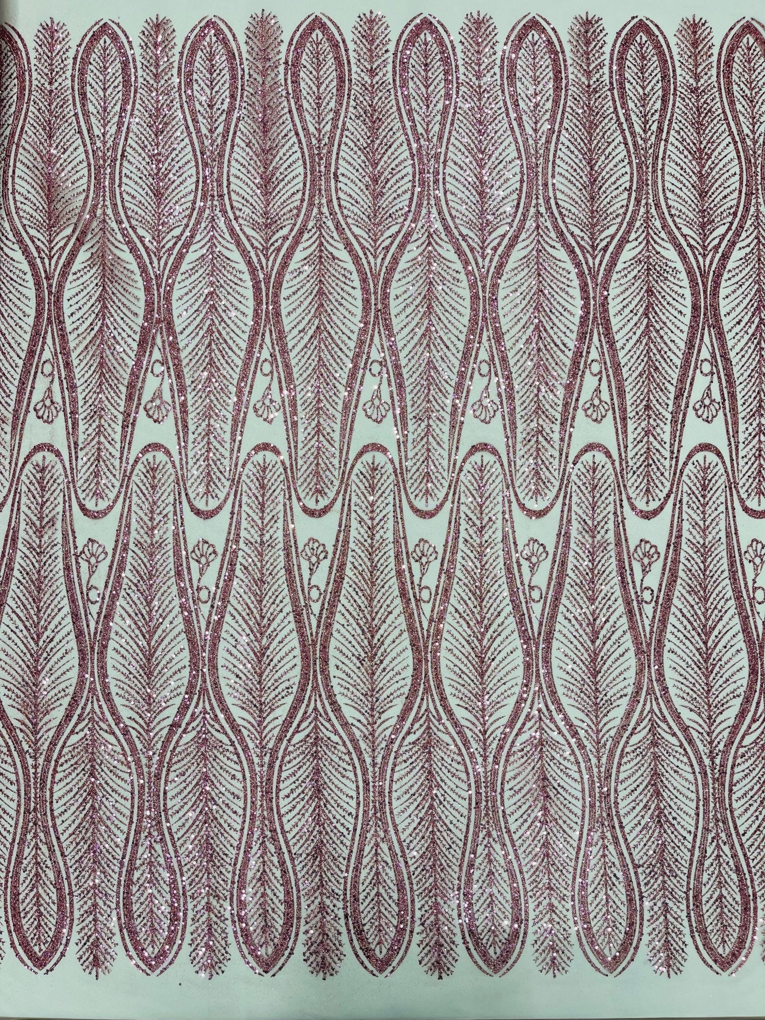 GLITTER FEATHER DAMASK DESIGN MESH LACE FABRIC (By The Yard) - New Creations Fabric & Foam Inc