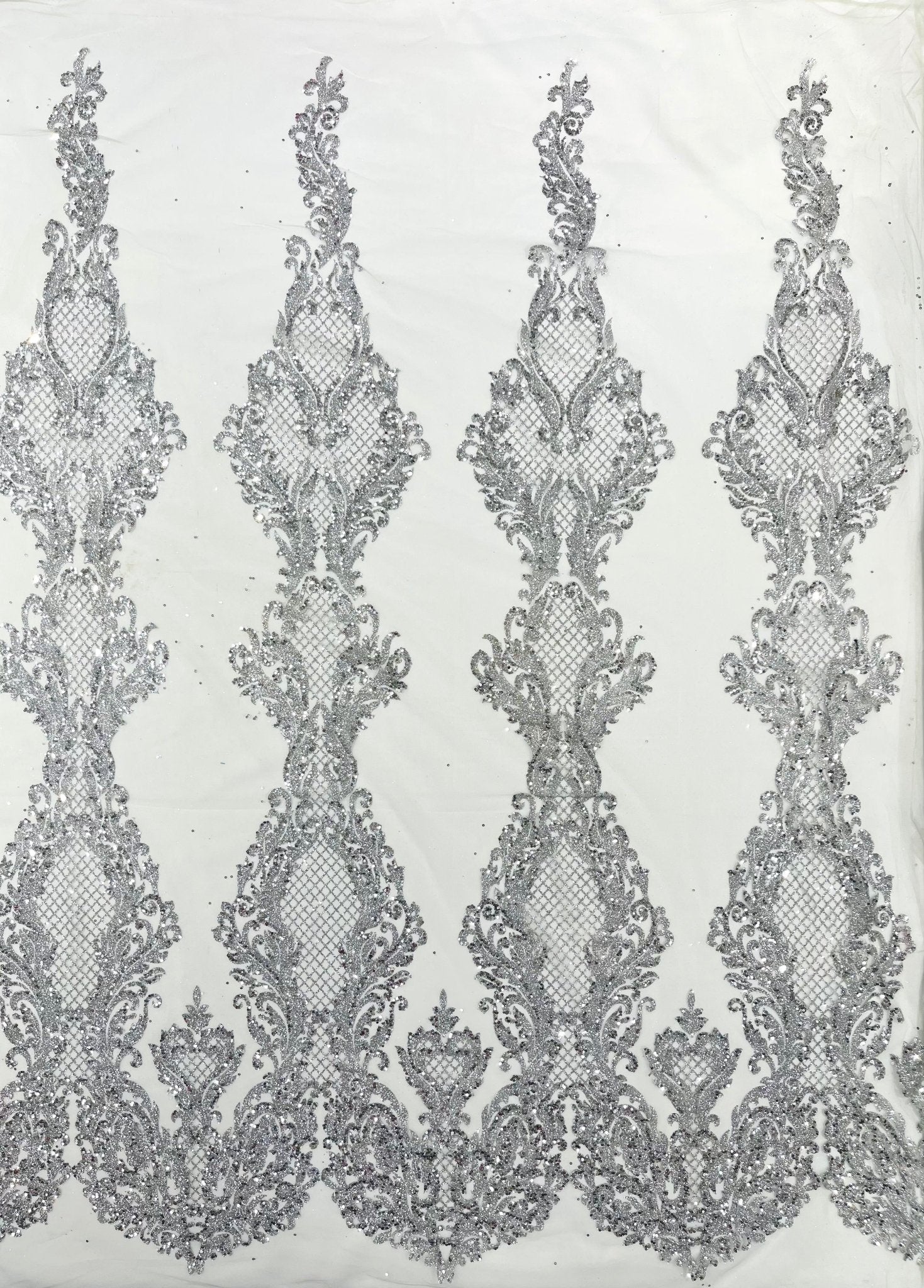 Glitter Tower Damask Design Fabric| 58” Wide| Quinsiañera Dresses. - New Creations Fabric & Foam Inc